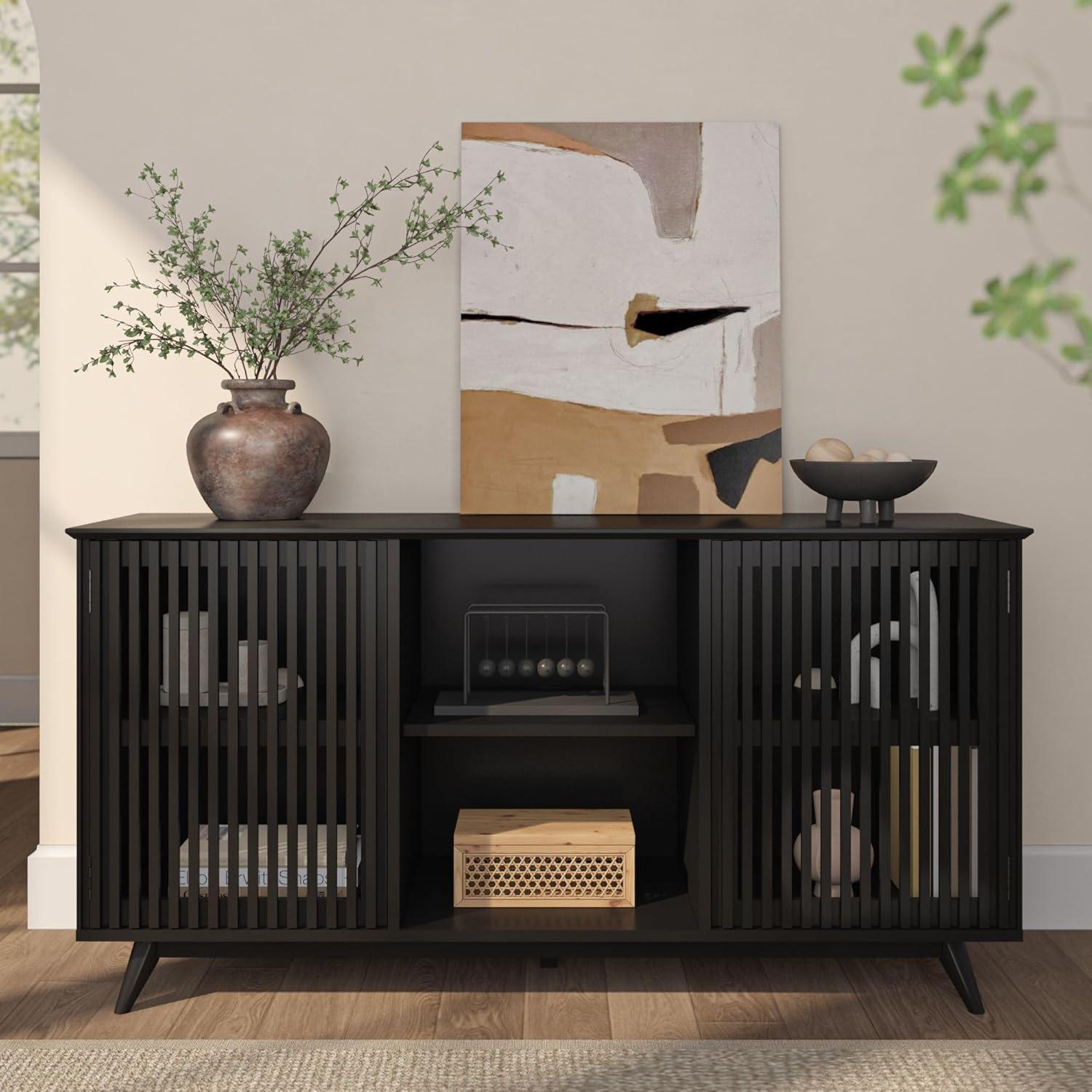 image:imagePlankBeam MidCentury Modern Wood TV Stand Solid Wood Entertainment Console with Storage 59 L x 16 W x 30 H WalnutBlack