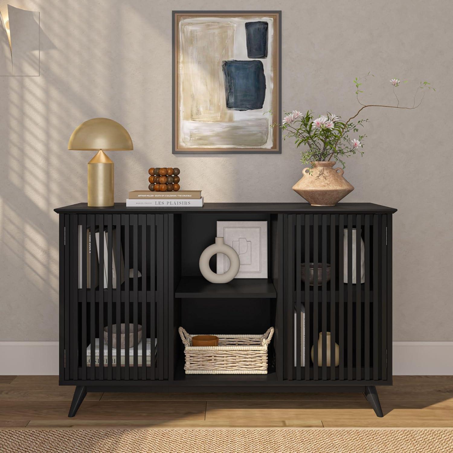 image:imagePlankBeam MidCentury Modern Wood TV Stand Solid Wood Entertainment Console with Storage 59 L x 16 W x 30 H WalnutBlack