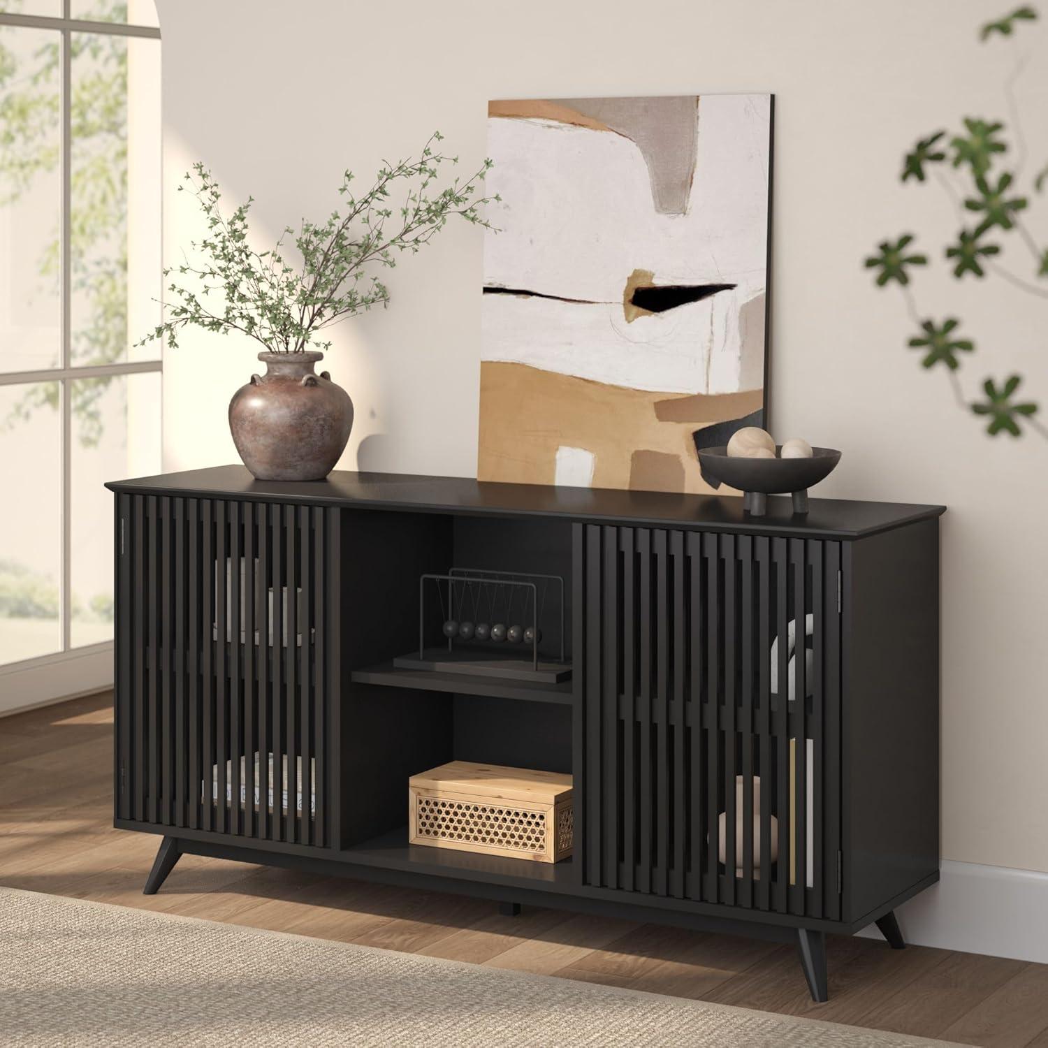 image:imagePlankBeam MidCentury Modern Wood TV Stand Solid Wood Entertainment Console with Storage 59 L x 16 W x 30 H WalnutBlack