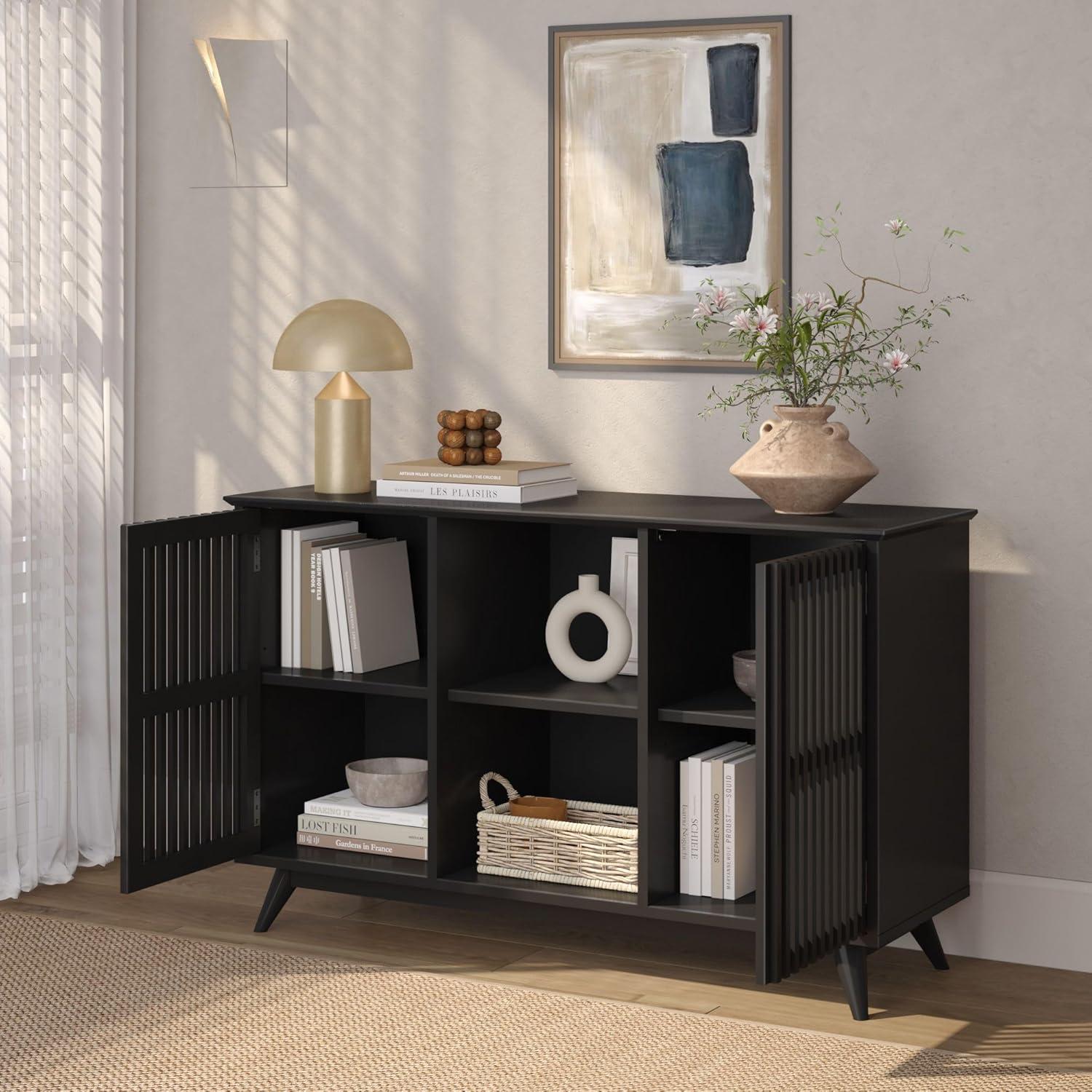 image:imagePlankBeam MidCentury Modern Wood TV Stand Solid Wood Entertainment Console with Storage 59 L x 16 W x 30 H WalnutBlack