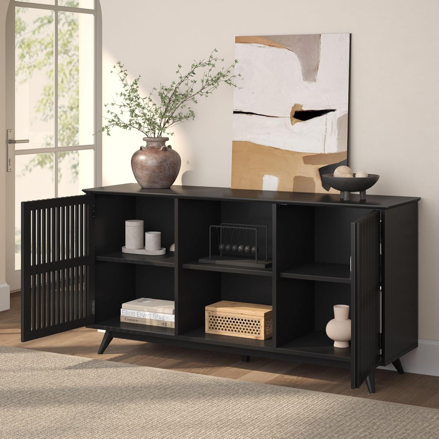 image:imagePlankBeam MidCentury Modern Wood TV Stand Solid Wood Entertainment Console with Storage 59 L x 16 W x 30 H WalnutBlack