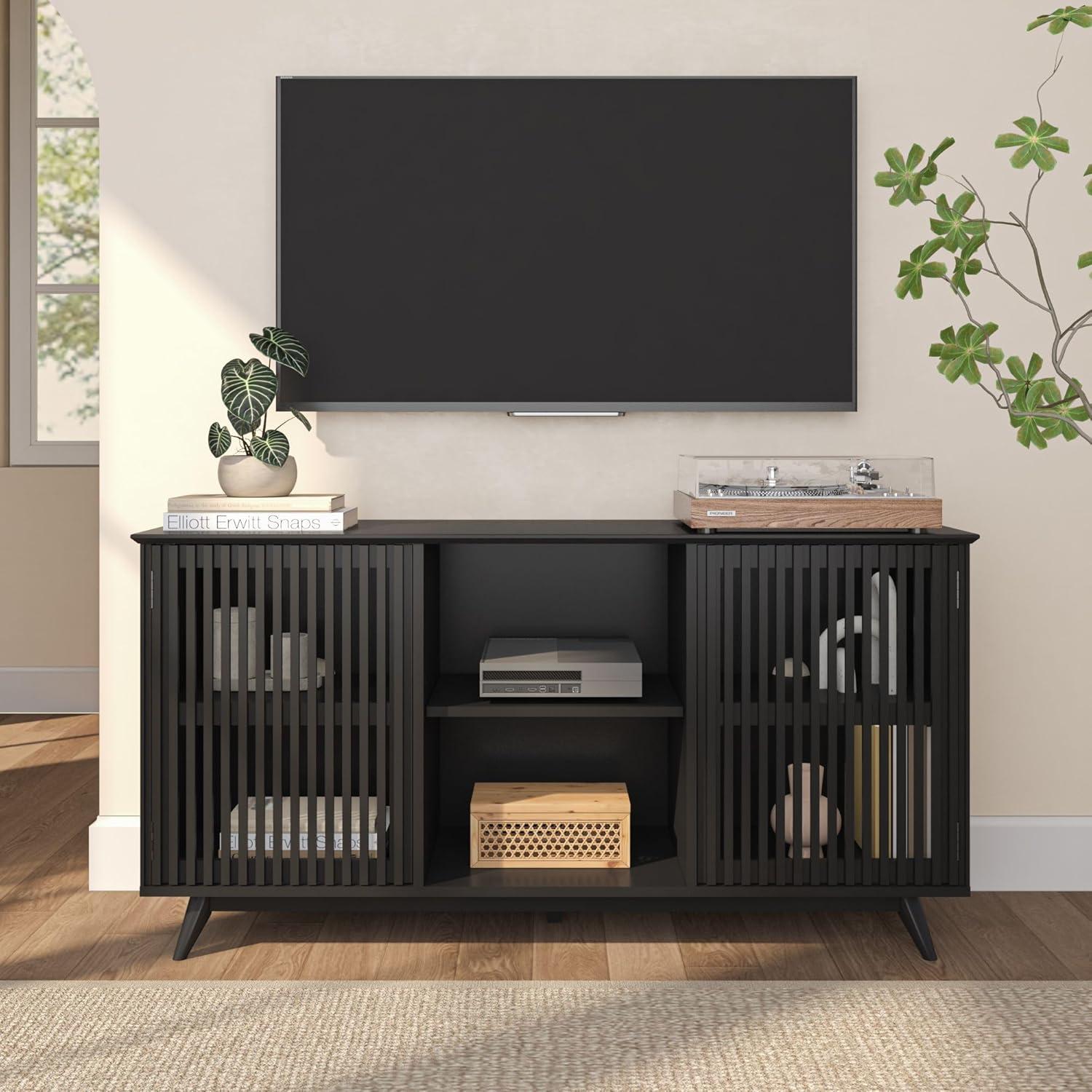 image:imagePlankBeam MidCentury Modern Wood TV Stand Solid Wood Entertainment Console with Storage 59 L x 16 W x 30 H WalnutBlack