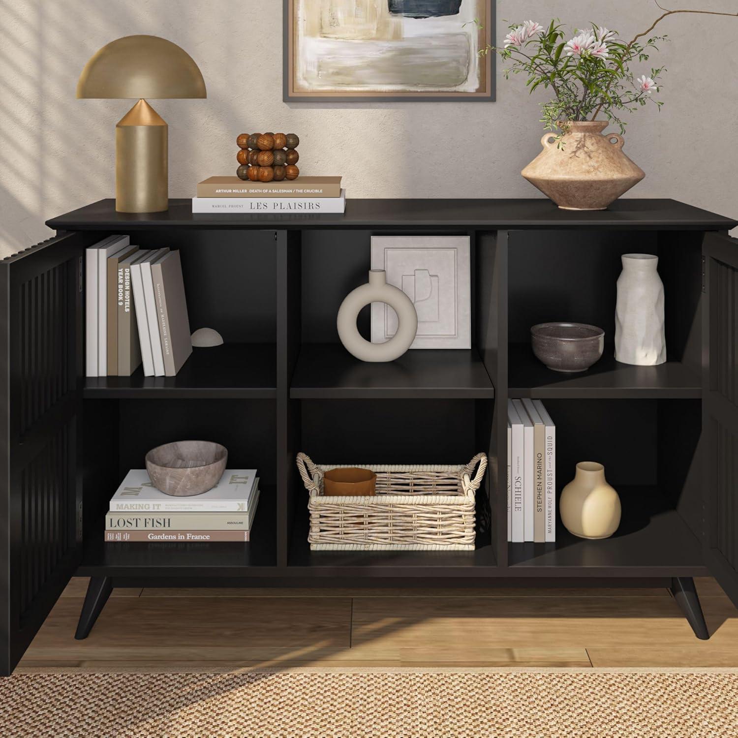 image:imagePlankBeam MidCentury Modern Wood TV Stand Solid Wood Entertainment Console with Storage 59 L x 16 W x 30 H WalnutBlack
