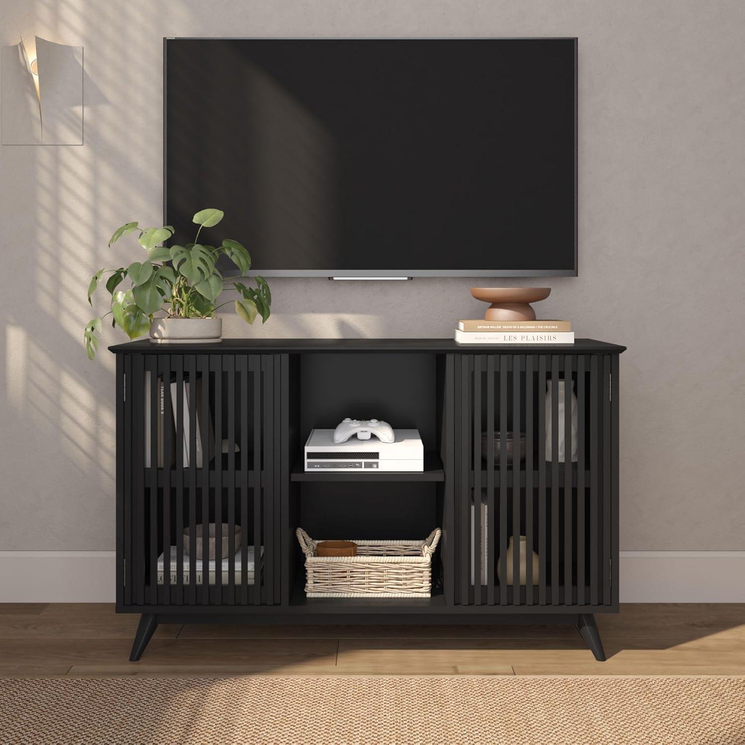 image:imagePlankBeam MidCentury Modern Wood TV Stand Solid Wood Entertainment Console with Storage 59 L x 16 W x 30 H WalnutBlack