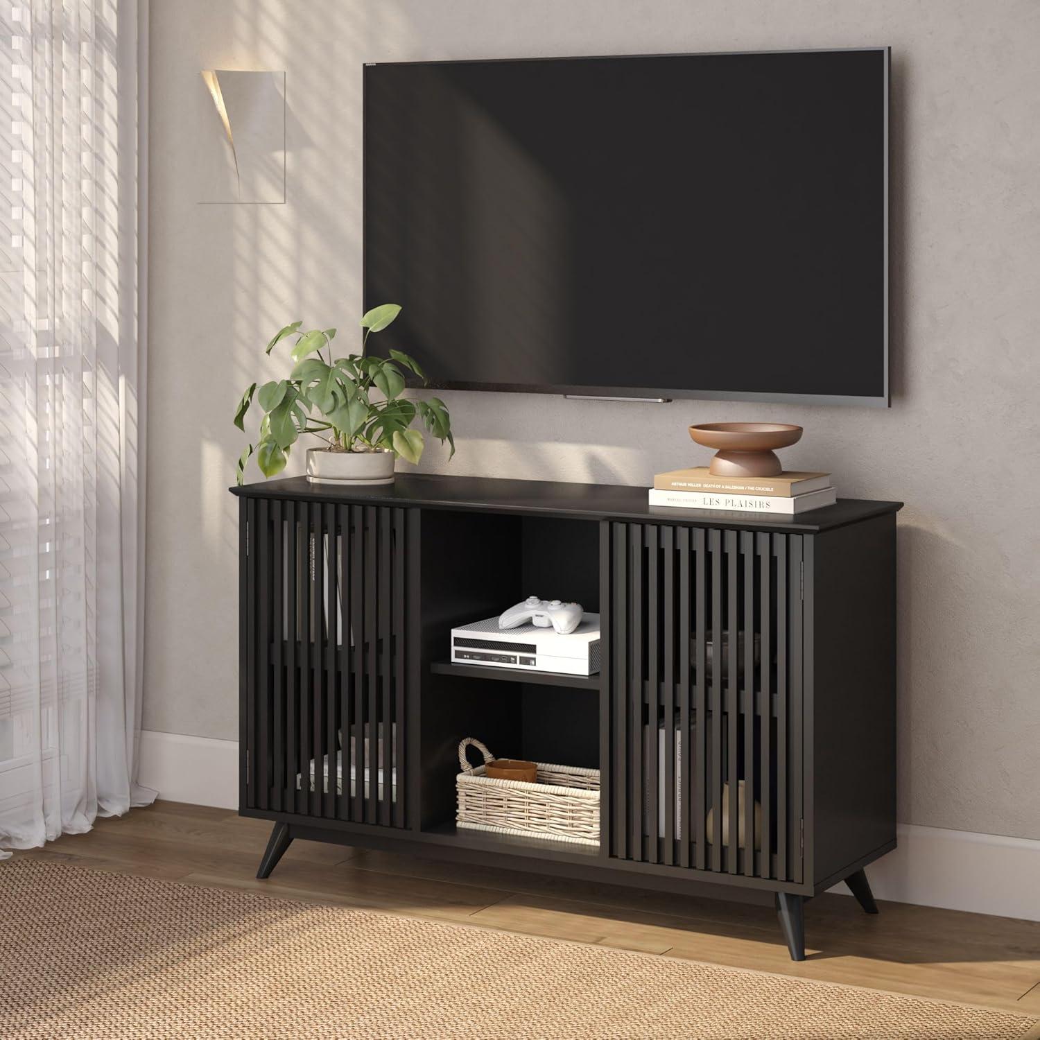 image:imagePlankBeam MidCentury Modern Wood TV Stand Solid Wood Entertainment Console with Storage 59 L x 16 W x 30 H WalnutBlack