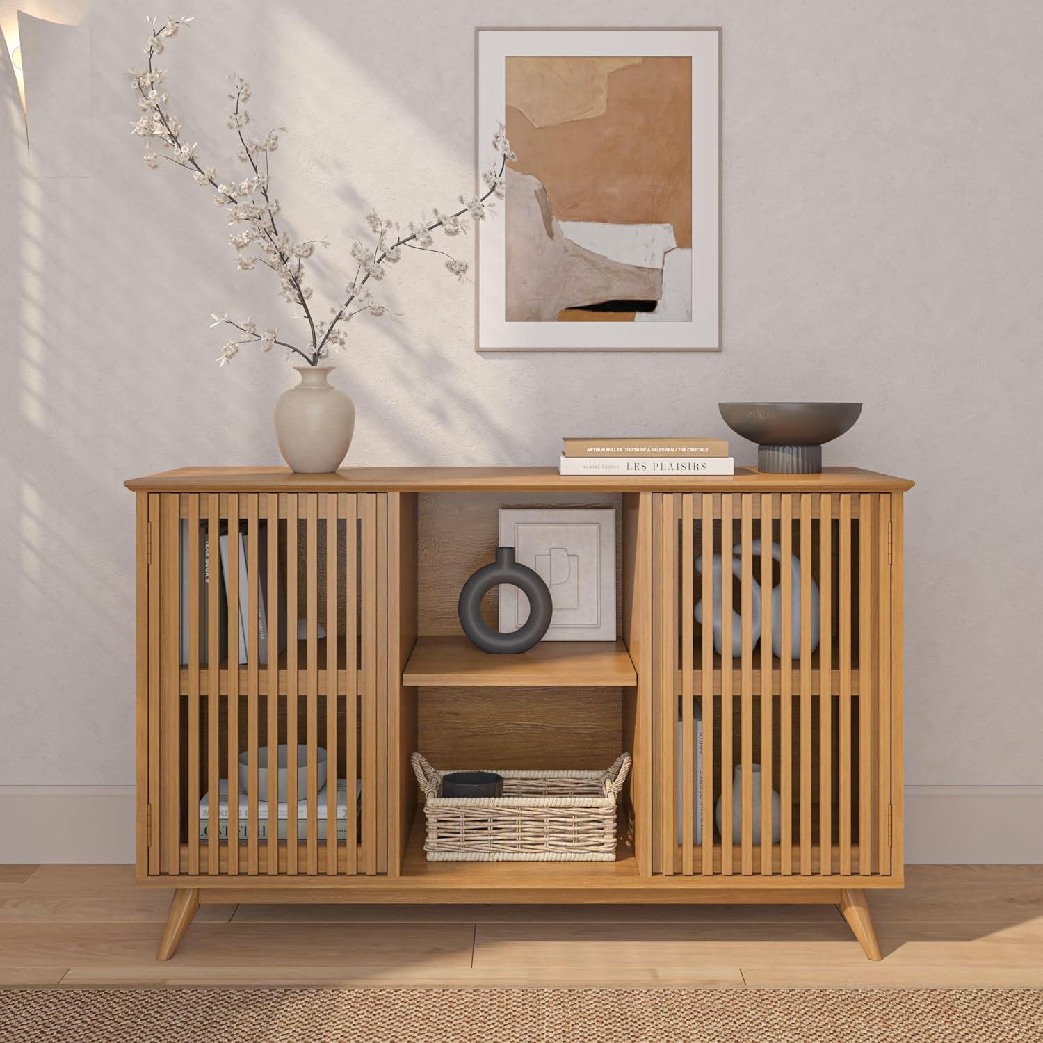 image:imagePlankBeam MidCentury Modern Wood TV Stand Solid Wood Entertainment Console with Storage 59 L x 16 W x 30 H WalnutPecan