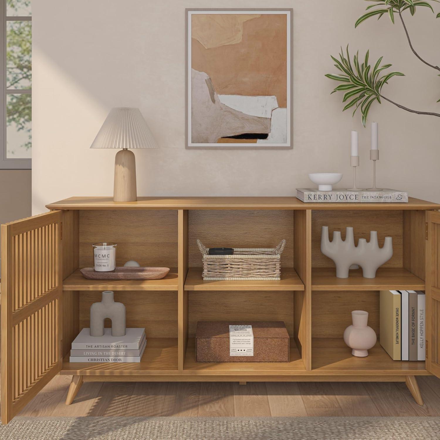 image:imagePlankBeam MidCentury Modern Wood TV Stand Solid Wood Entertainment Console with Storage 59 L x 16 W x 30 H WalnutPecan