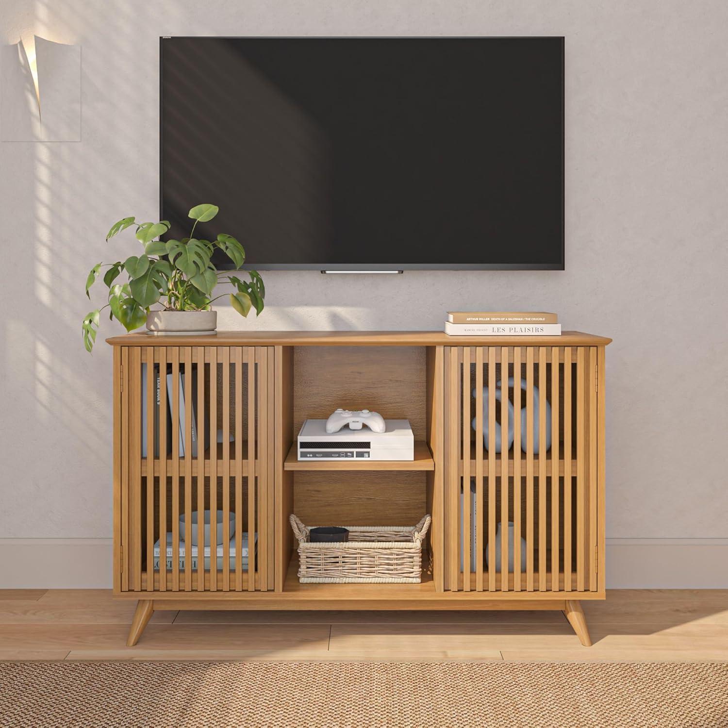 image:imagePlankBeam MidCentury Modern Wood TV Stand Solid Wood Entertainment Console with Storage 59 L x 16 W x 30 H WalnutPecan