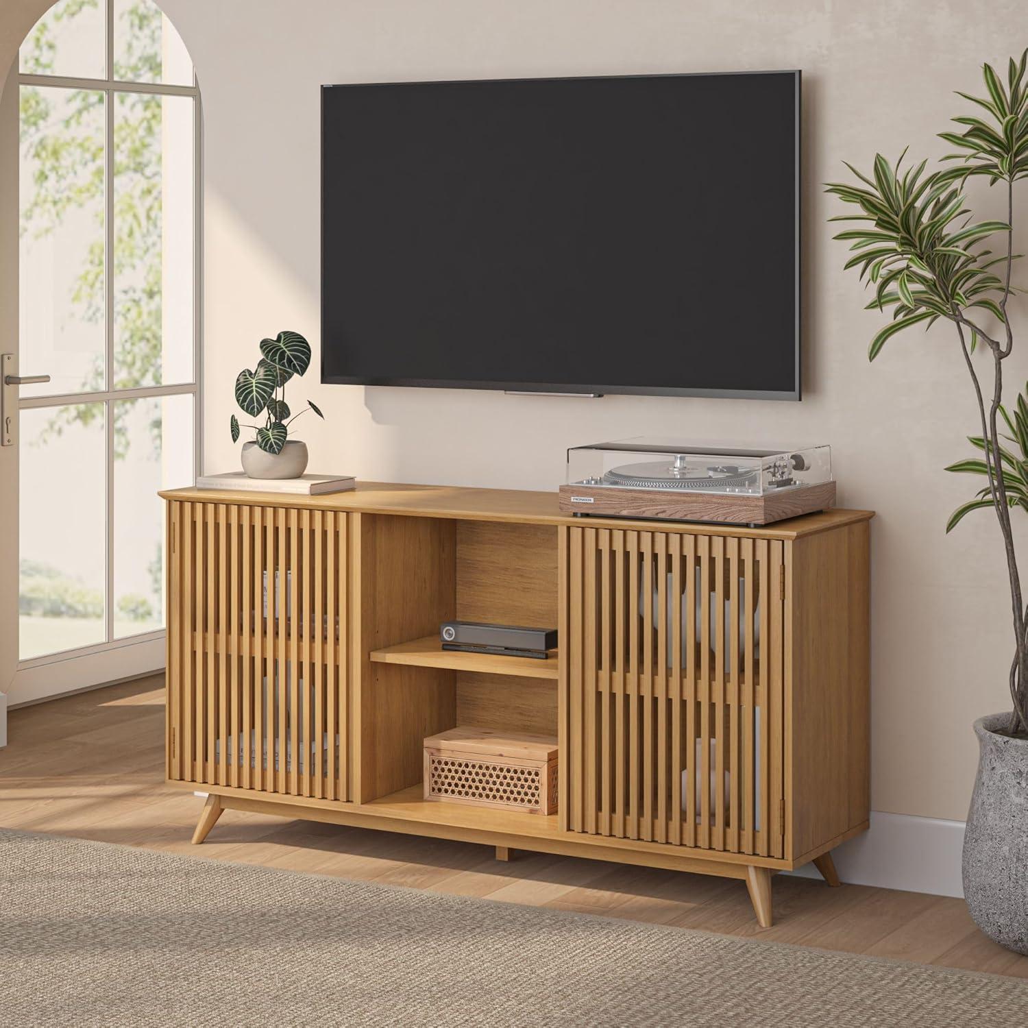image:imagePlankBeam MidCentury Modern Wood TV Stand Solid Wood Entertainment Console with Storage 59 L x 16 W x 30 H WalnutPecan