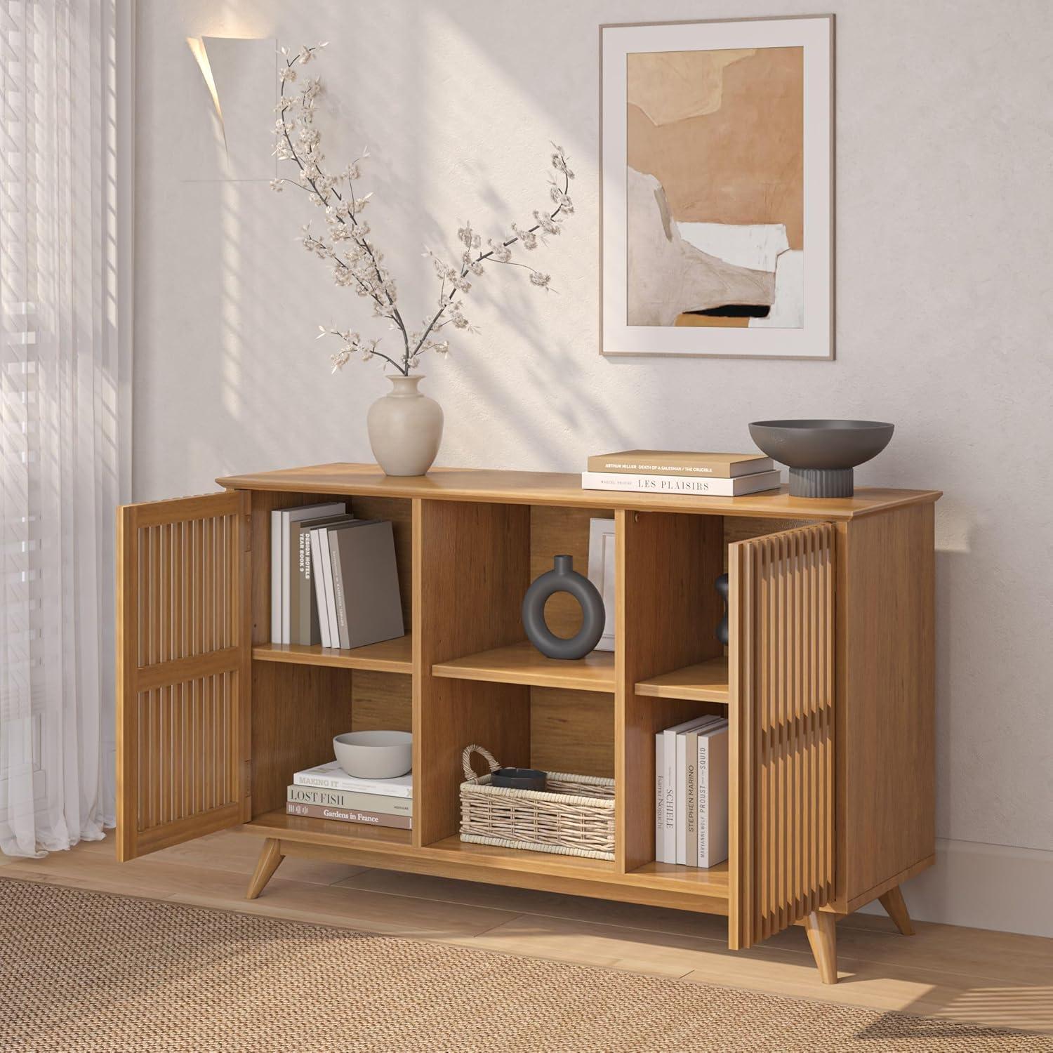 image:imagePlankBeam MidCentury Modern Wood TV Stand Solid Wood Entertainment Console with Storage 59 L x 16 W x 30 H WalnutPecan