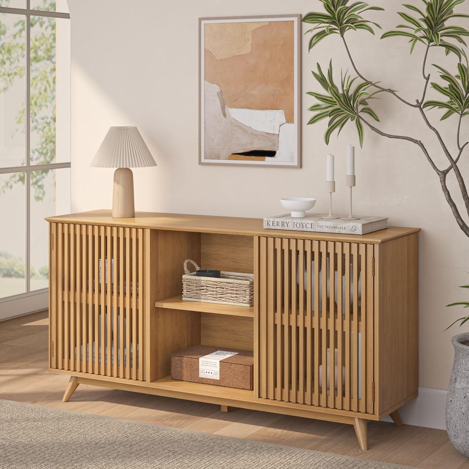 image:imagePlankBeam MidCentury Modern Wood TV Stand Solid Wood Entertainment Console with Storage 59 L x 16 W x 30 H WalnutPecan