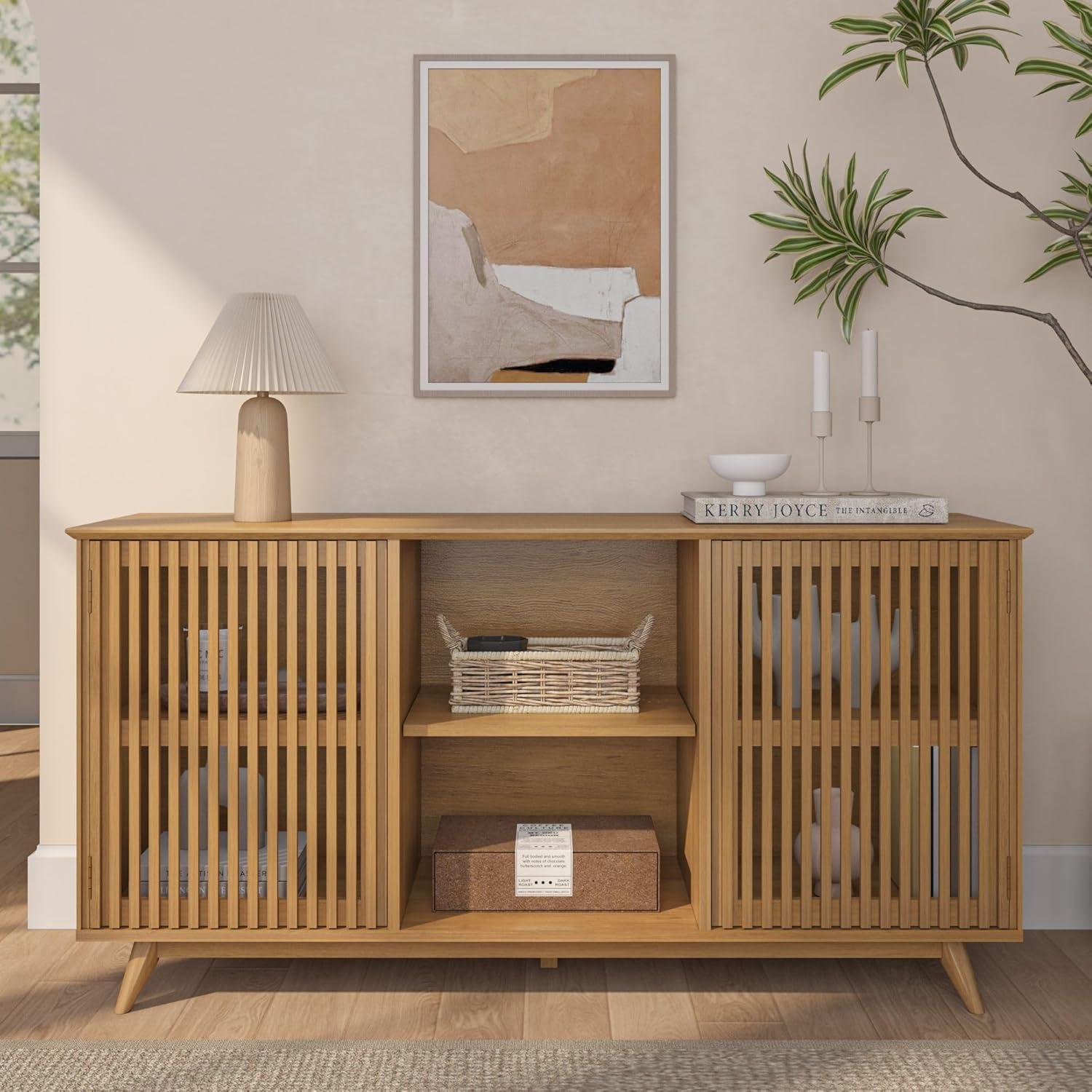 image:imagePlankBeam MidCentury Modern Wood TV Stand Solid Wood Entertainment Console with Storage 59 L x 16 W x 30 H WalnutPecan