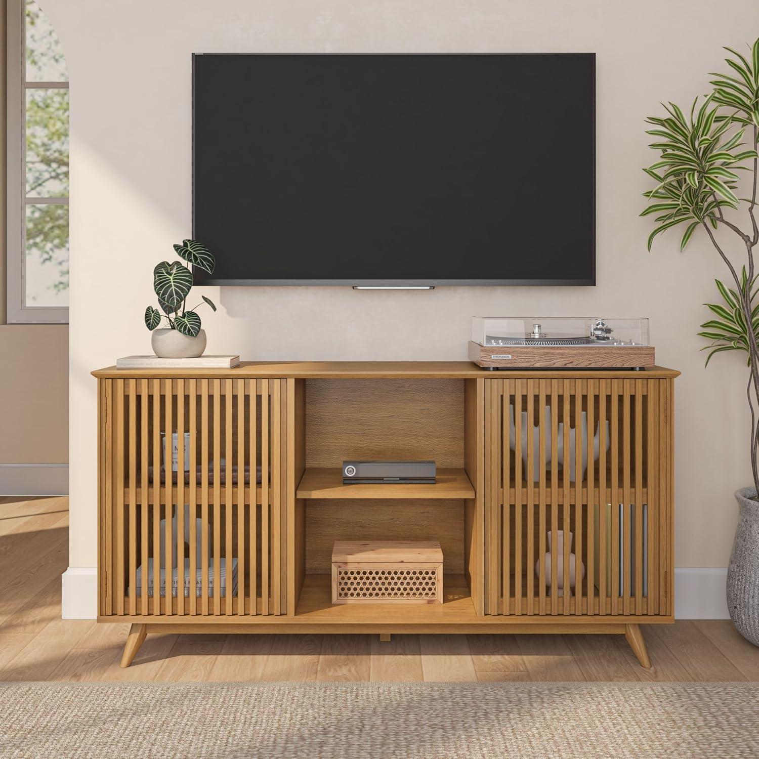 image:imagePlankBeam MidCentury Modern Wood TV Stand Solid Wood Entertainment Console with Storage 59 L x 16 W x 30 H WalnutPecan