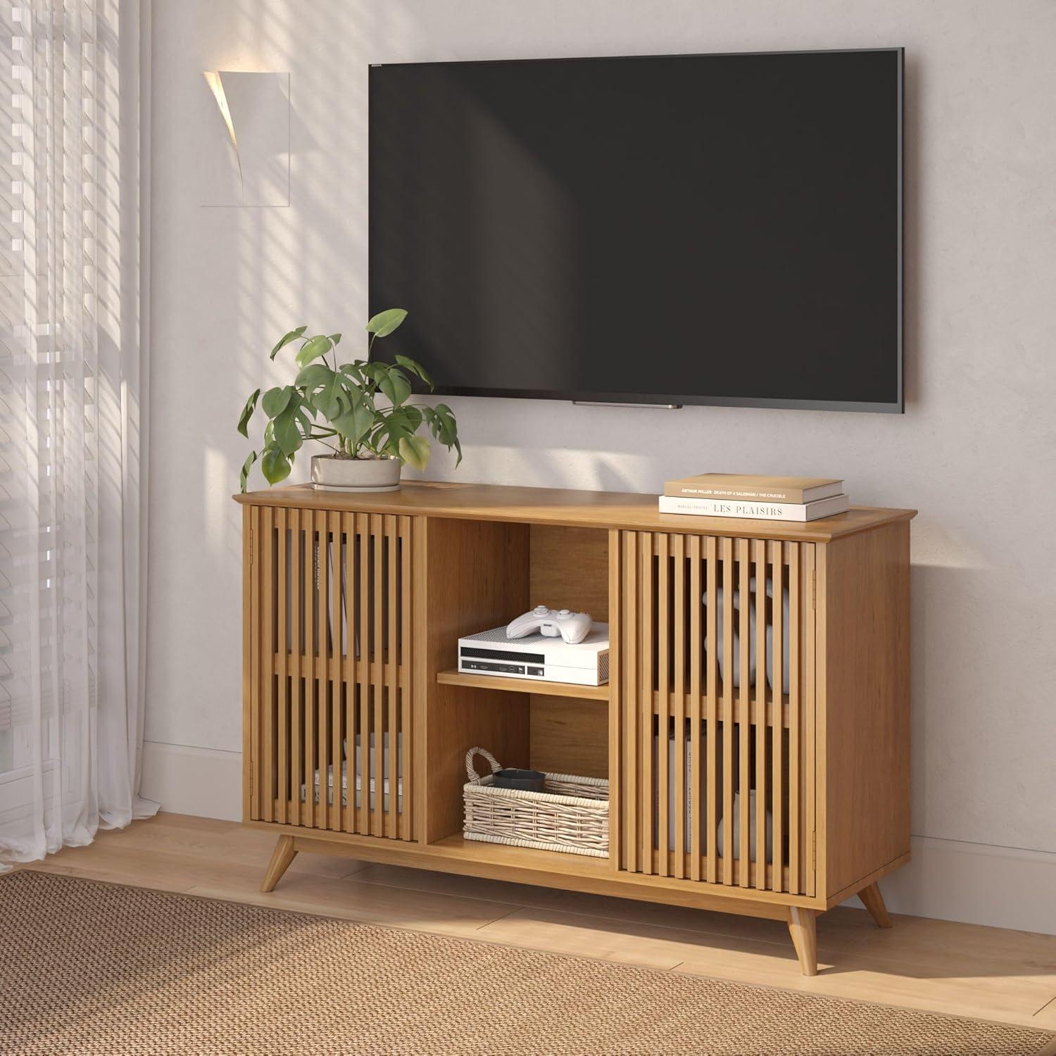 image:imagePlankBeam MidCentury Modern Wood TV Stand Solid Wood Entertainment Console with Storage 59 L x 16 W x 30 H WalnutPecan