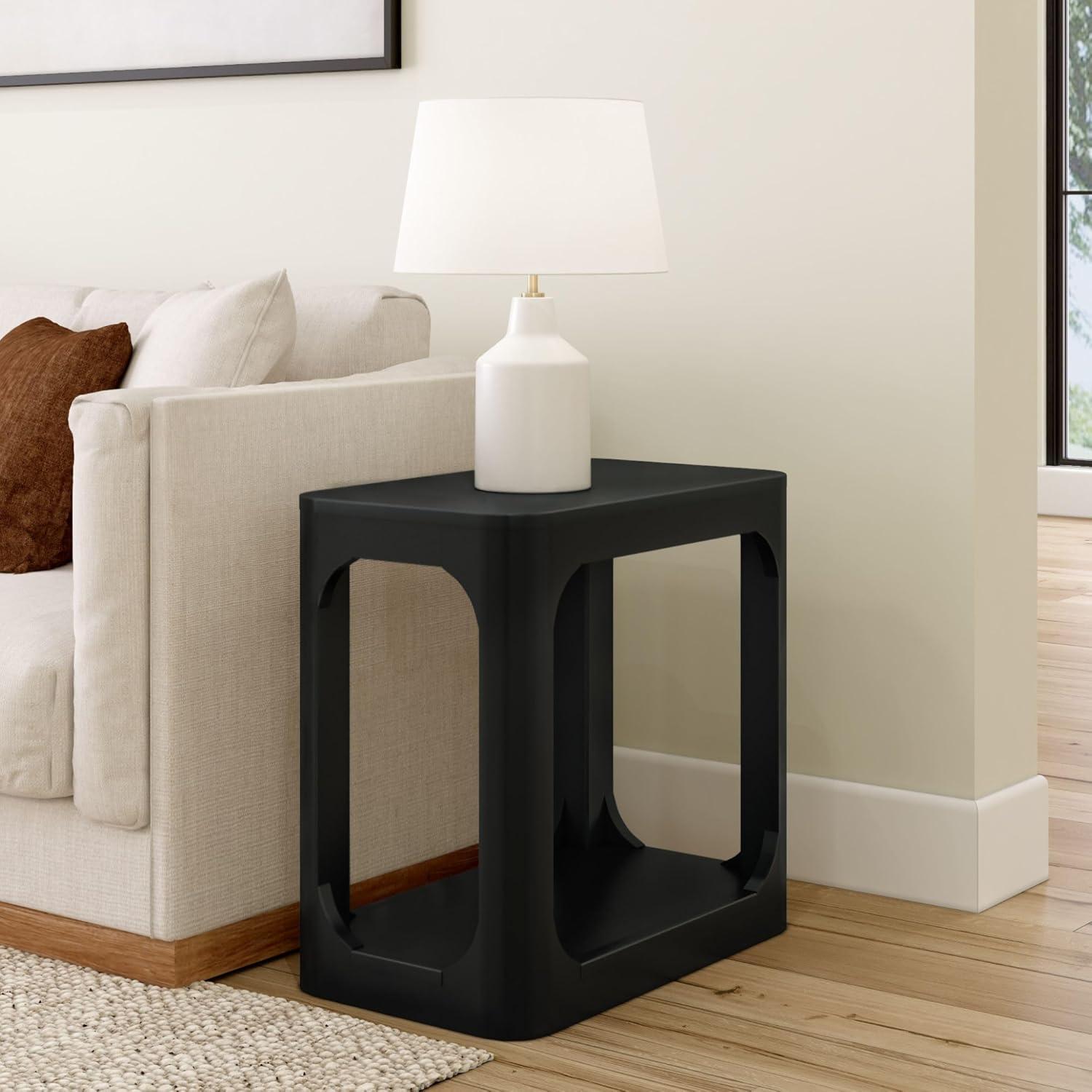 image:imagePlankBeam Modern Rounded Rectangular Side Table with Shelf Solid Wood End Table for Living Room 25in PecanBlack