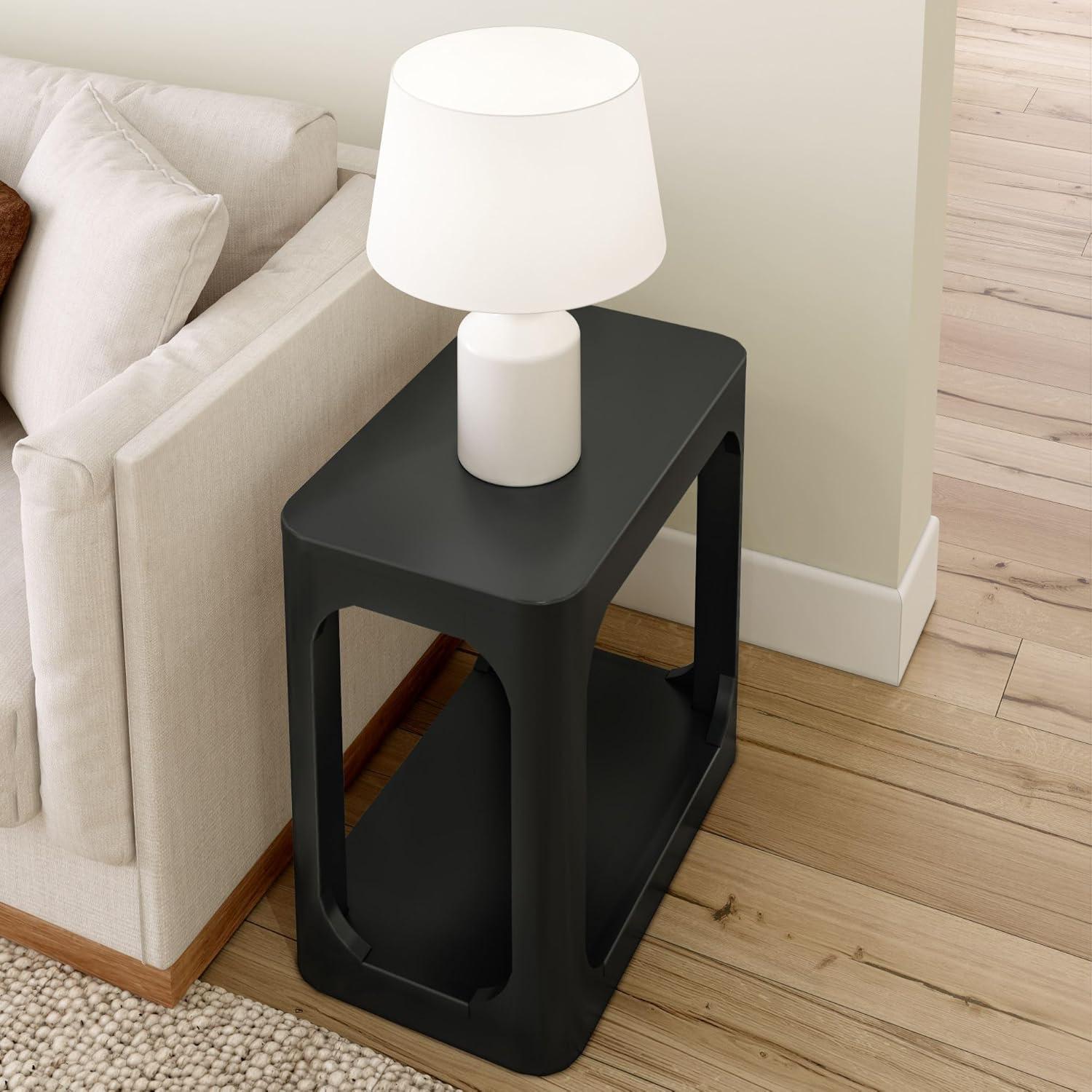 image:imagePlankBeam Modern Rounded Rectangular Side Table with Shelf Solid Wood End Table for Living Room 25in PecanBlack