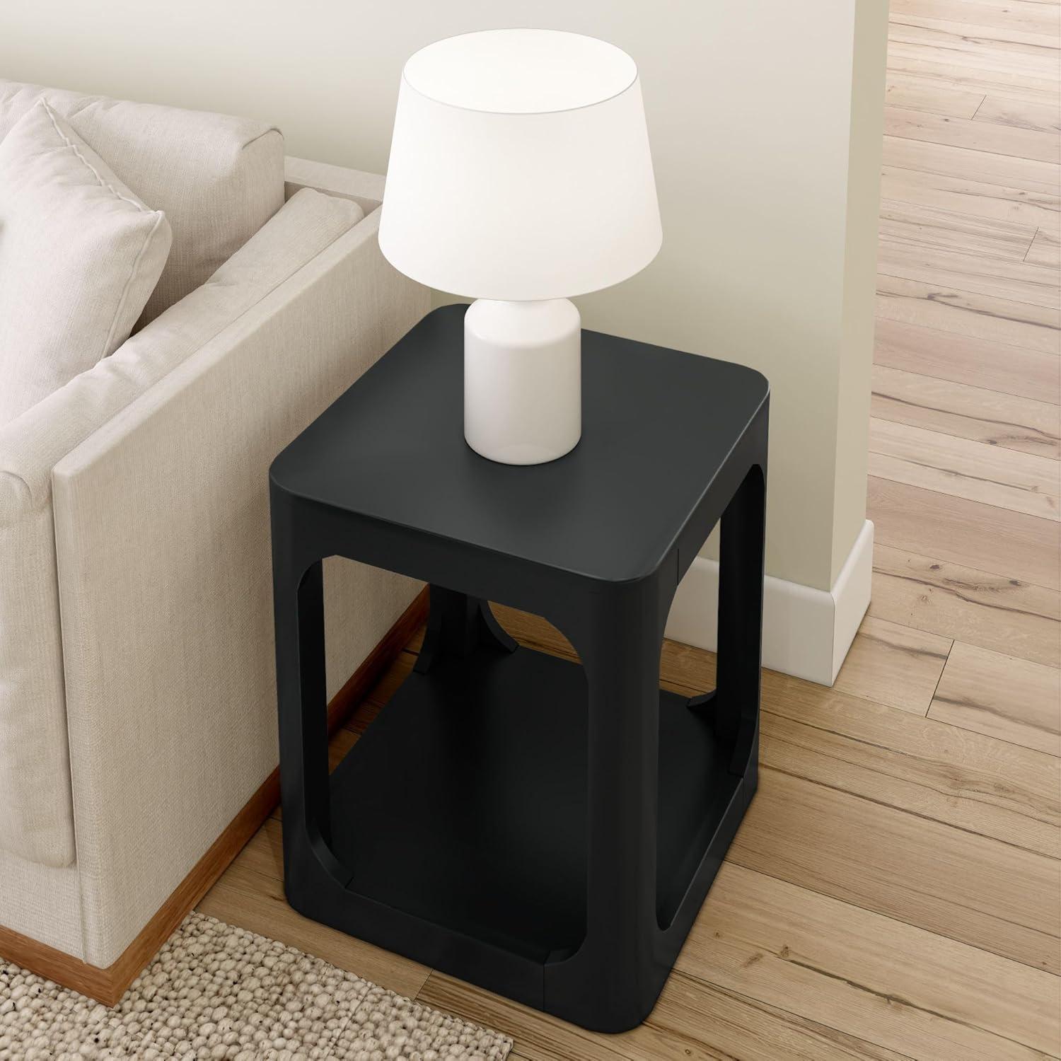 image:imagePlankBeam Modern Rounded Rectangular Side Table with Shelf Solid Wood End Table for Living Room 25in PecanBlack