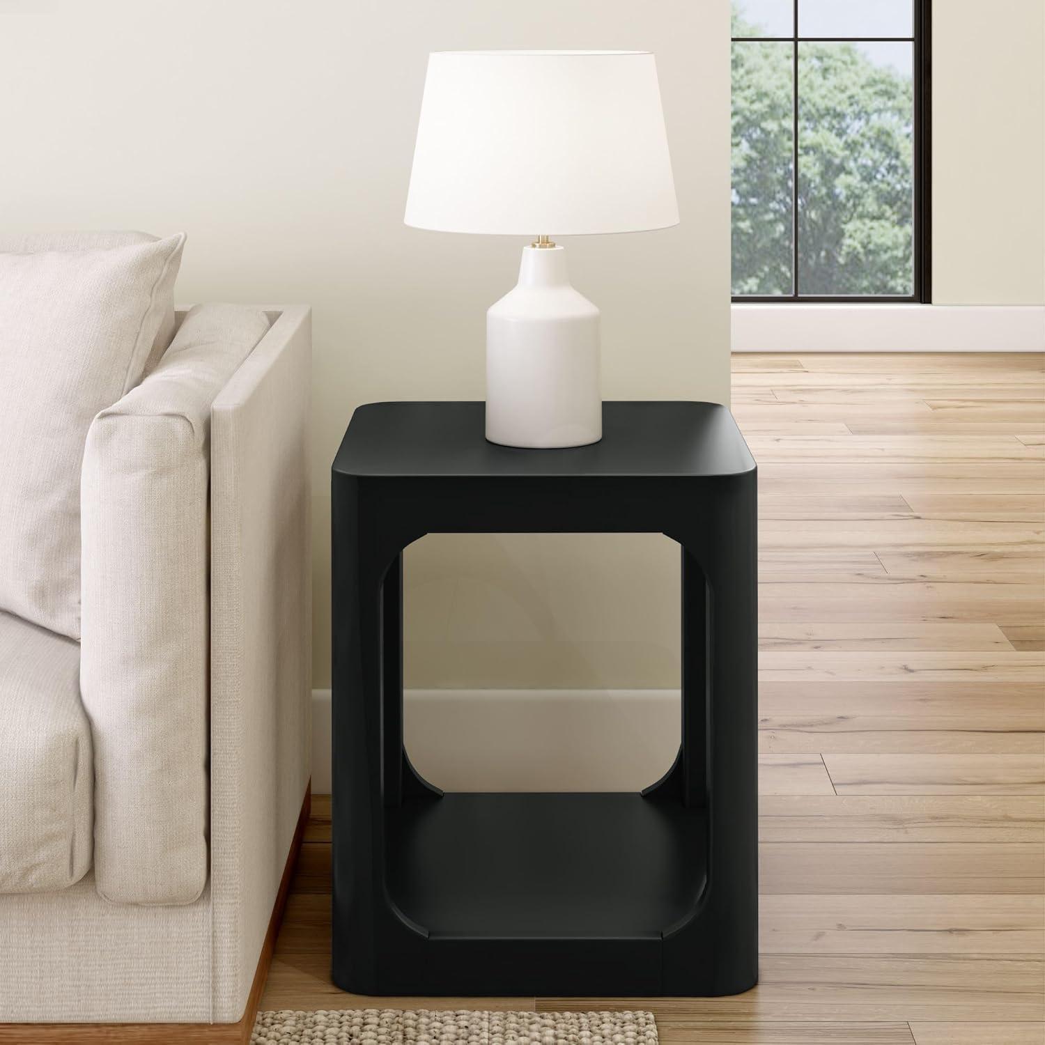 image:imagePlankBeam Modern Rounded Rectangular Side Table with Shelf Solid Wood End Table for Living Room 25in PecanBlack