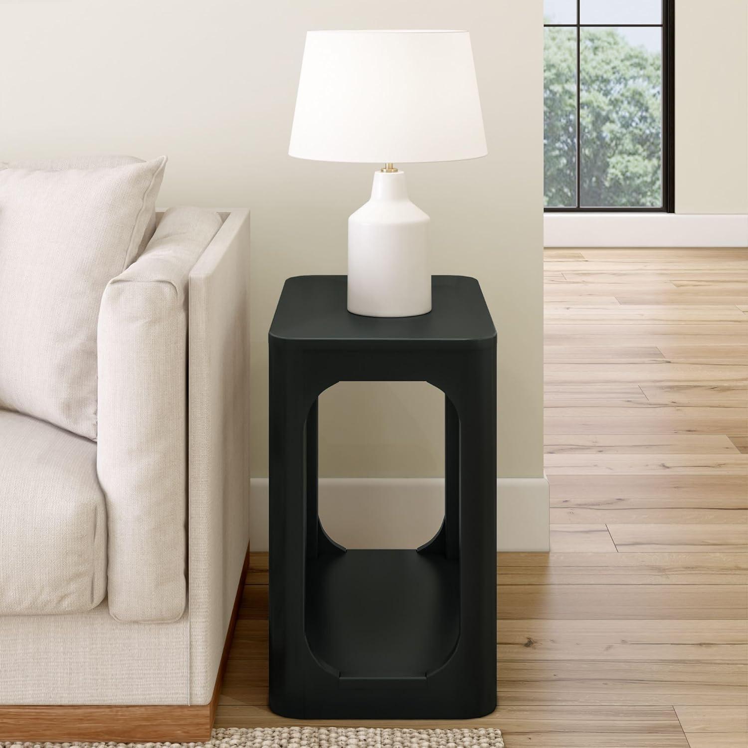 image:imagePlankBeam Modern Rounded Rectangular Side Table with Shelf Solid Wood End Table for Living Room 25in PecanBlack