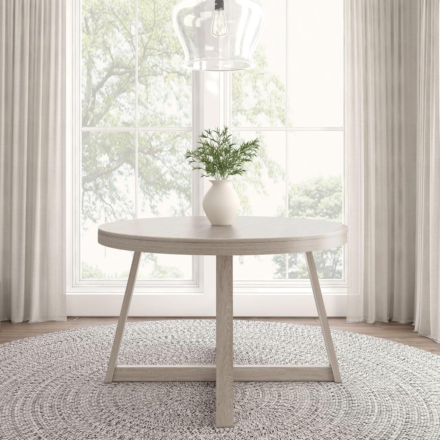 image:imagePlankBeam Round Dining Table 47 Inch Solid Wood Kitchen Table Farmhouse Round Table for 4 Small Dinette Table Black WirebrushSeashell Wirebrush