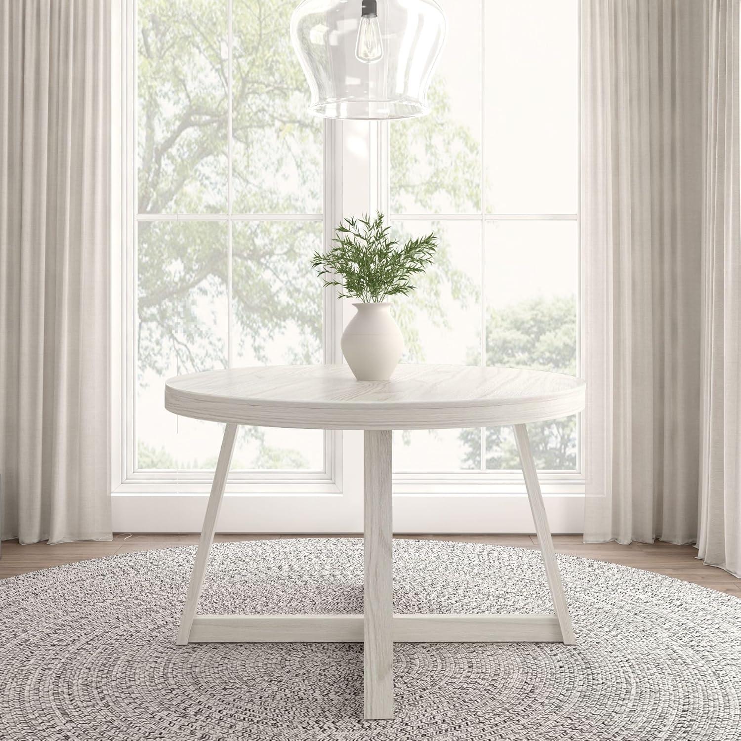 image:imagePlankBeam Round Dining Table 47 Inch Solid Wood Kitchen Table Farmhouse Round Table for 4 Small Dinette Table Black WirebrushWhite Sand Wirebrush