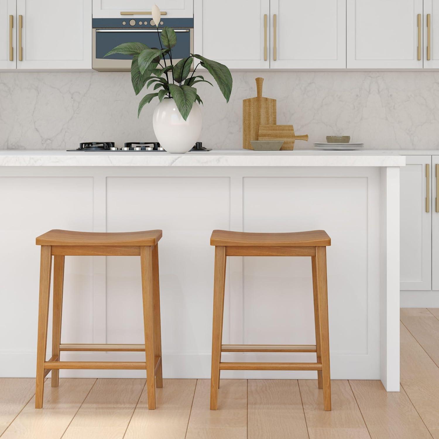 image:imagePlankBeam Smythe Bar Stool 30 Set of 4 Sturdy Wood Modern Kitchen Bar Height Stool Saddle Seat Backless Bar Chair Metal Footrest BlondePecan