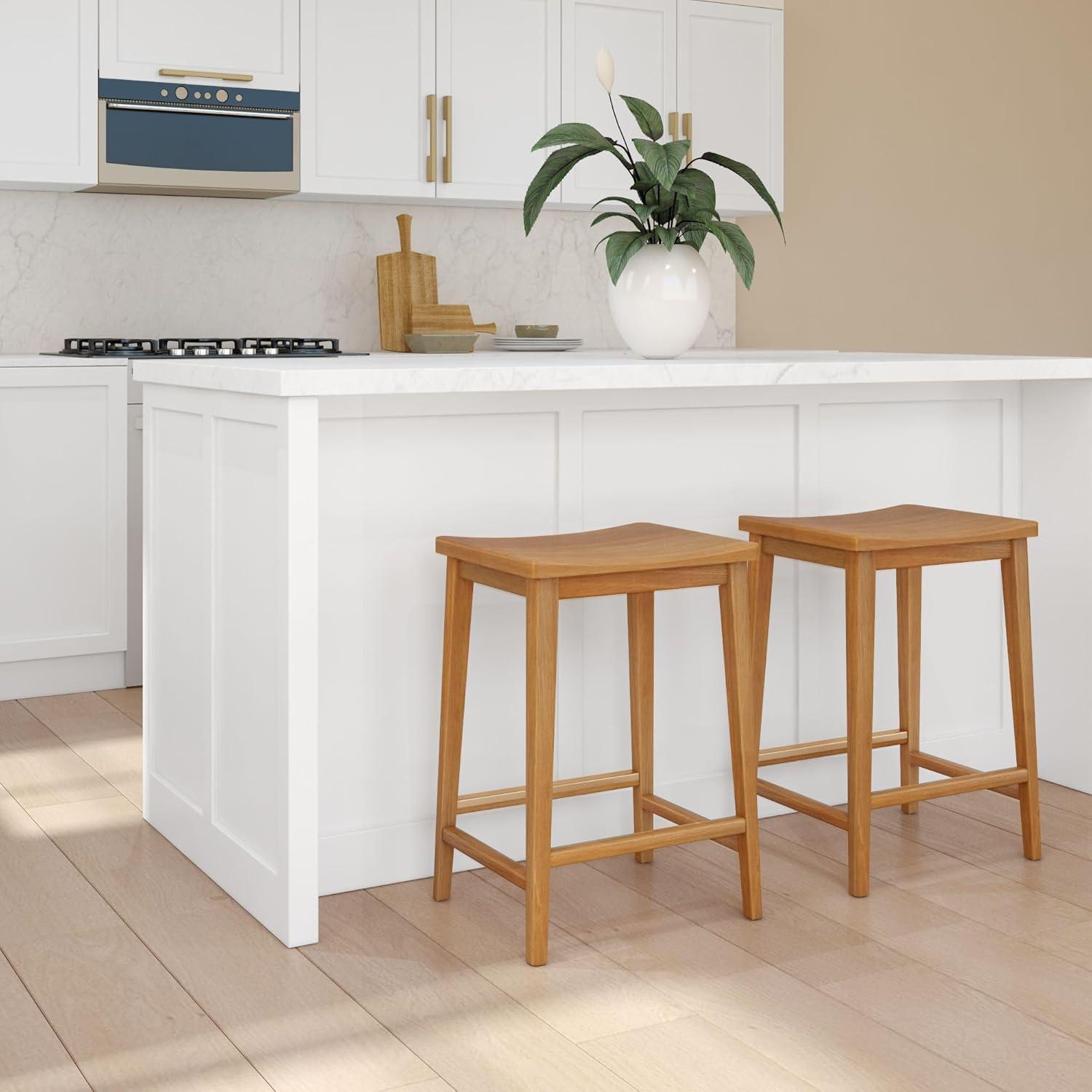 image:imagePlankBeam Smythe Bar Stool 30 Set of 4 Sturdy Wood Modern Kitchen Bar Height Stool Saddle Seat Backless Bar Chair Metal Footrest BlondePecan