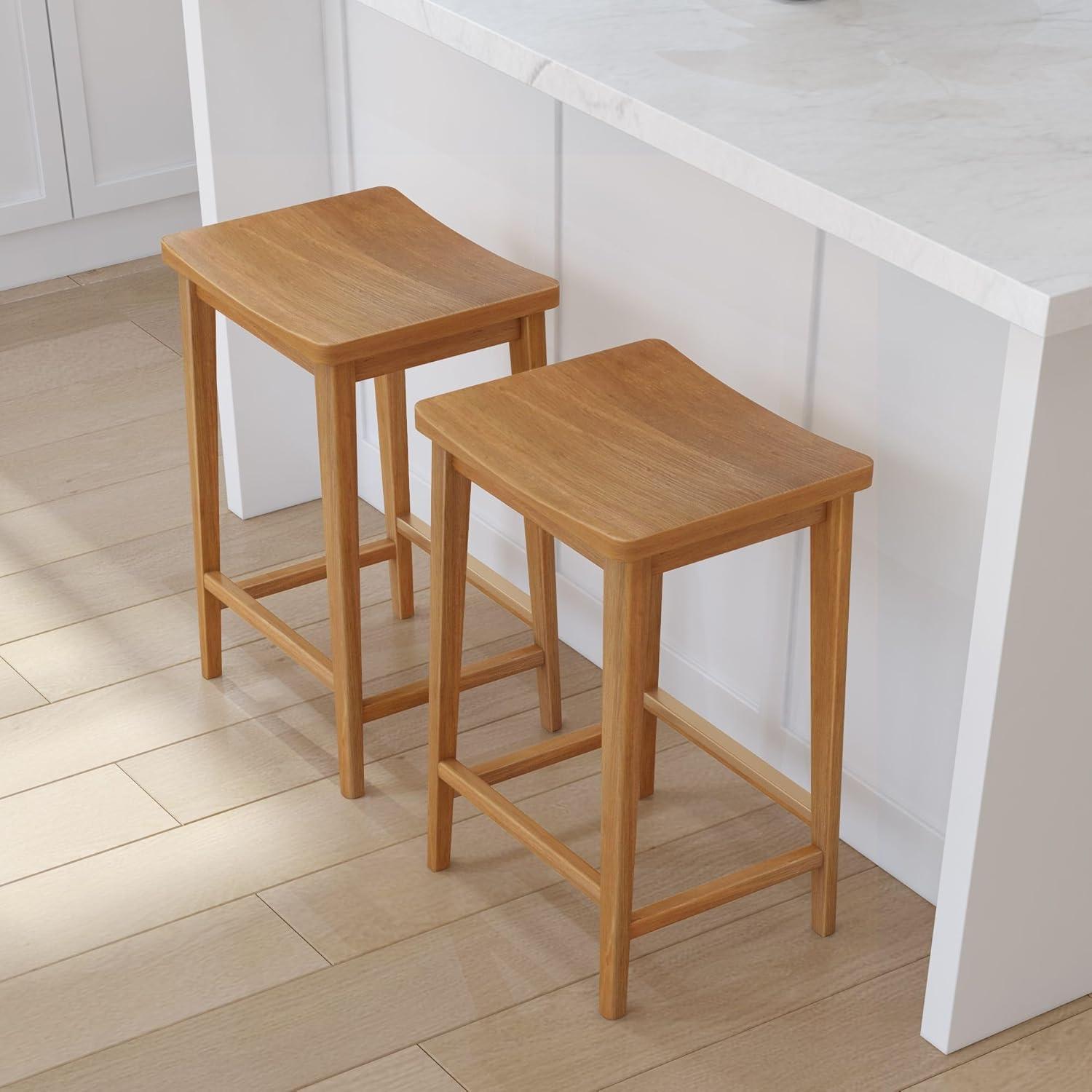 image:imagePlankBeam Smythe Bar Stool 30 Set of 4 Sturdy Wood Modern Kitchen Bar Height Stool Saddle Seat Backless Bar Chair Metal Footrest BlondePecan