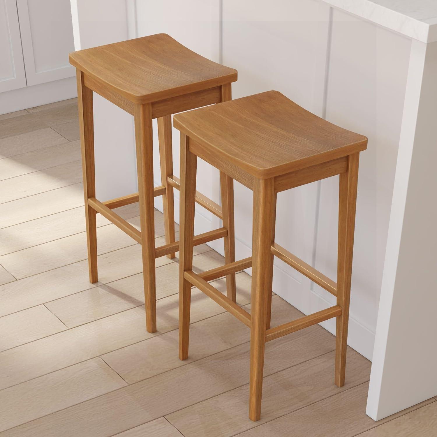 image:imagePlankBeam Smythe Bar Stool 30 Set of 4 Sturdy Wood Modern Kitchen Bar Height Stool Saddle Seat Backless Bar Chair Metal Footrest BlondePecan