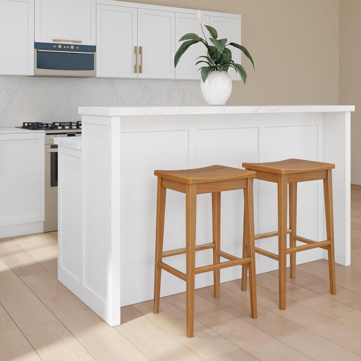 image:imagePlankBeam Smythe Bar Stool 30 Set of 4 Sturdy Wood Modern Kitchen Bar Height Stool Saddle Seat Backless Bar Chair Metal Footrest BlondePecan