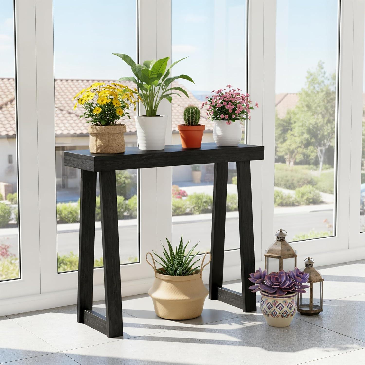 image:imagePlankBeam Solid Wood Console Table 36 Inch Sofa Table Narrow Entryway Table for Hallway Behind The Couch Living Room Foyer Easy Assembly PecanBlack