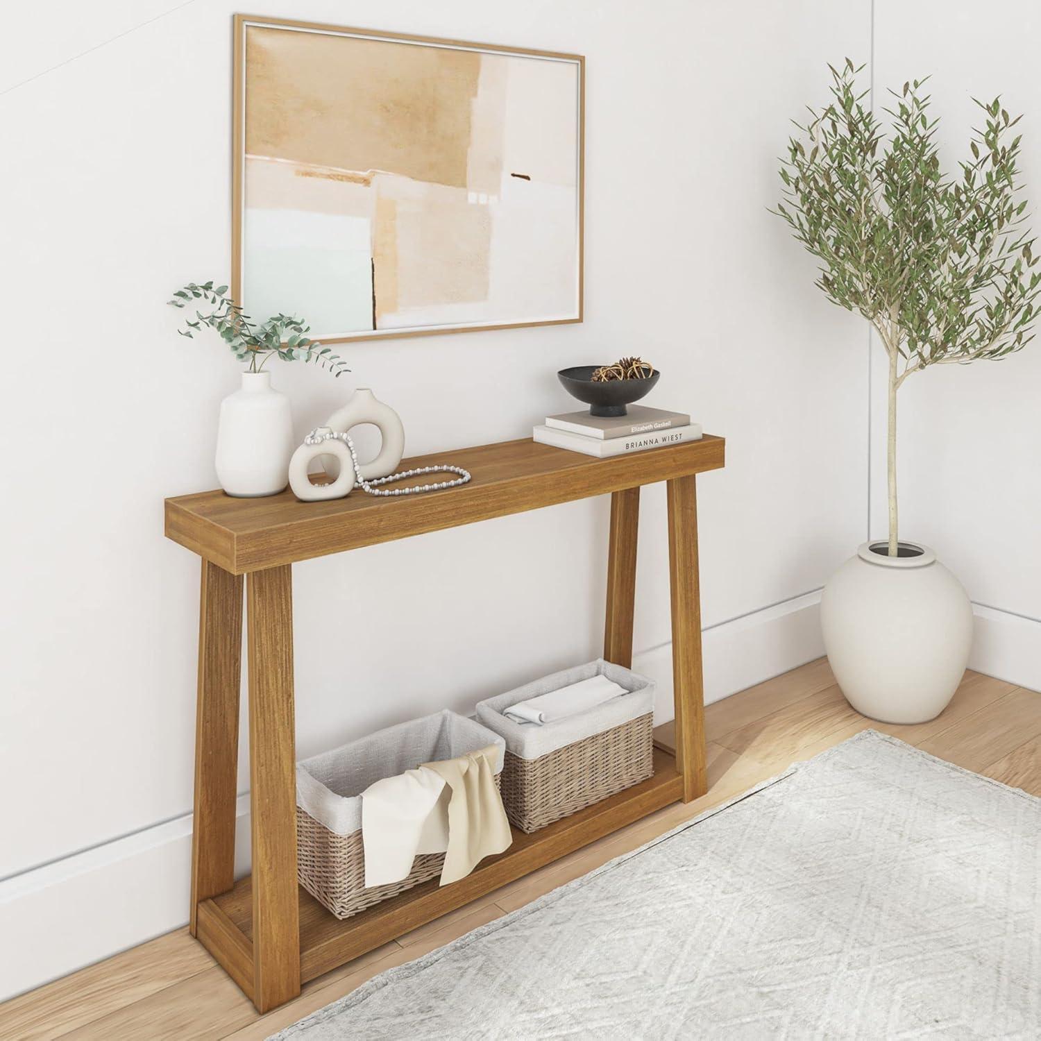 image:imagePlankBeam Solid Wood Console Table with Storage 46 Inch Sofa Table with Shelf Narrow Entryway Table for Hallway Behind The Couch Living Room Foyer Easy Assembly BlackPecan