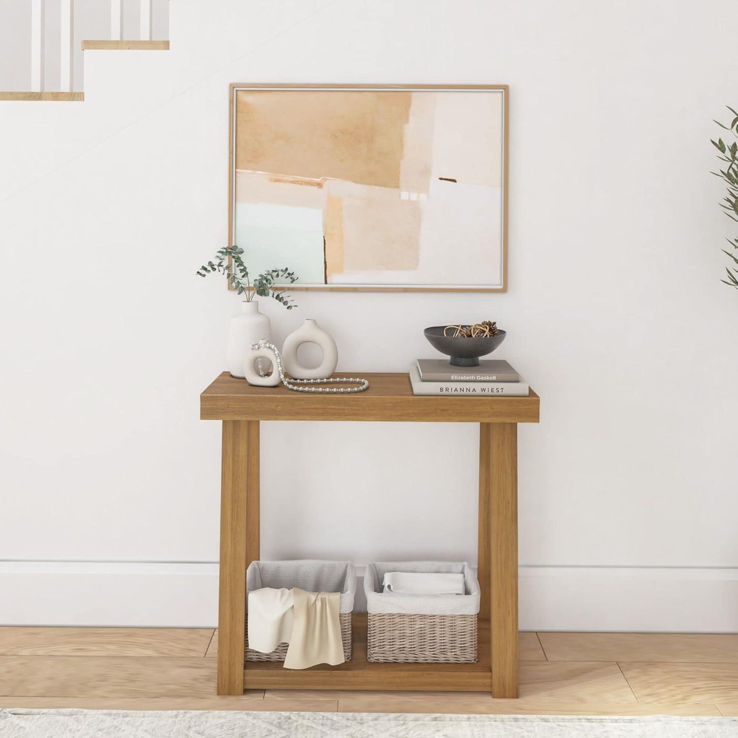image:imagePlankBeam Solid Wood Console Table with Storage 46 Inch Sofa Table with Shelf Narrow Entryway Table for Hallway Behind The Couch Living Room Foyer Easy Assembly BlackPecan