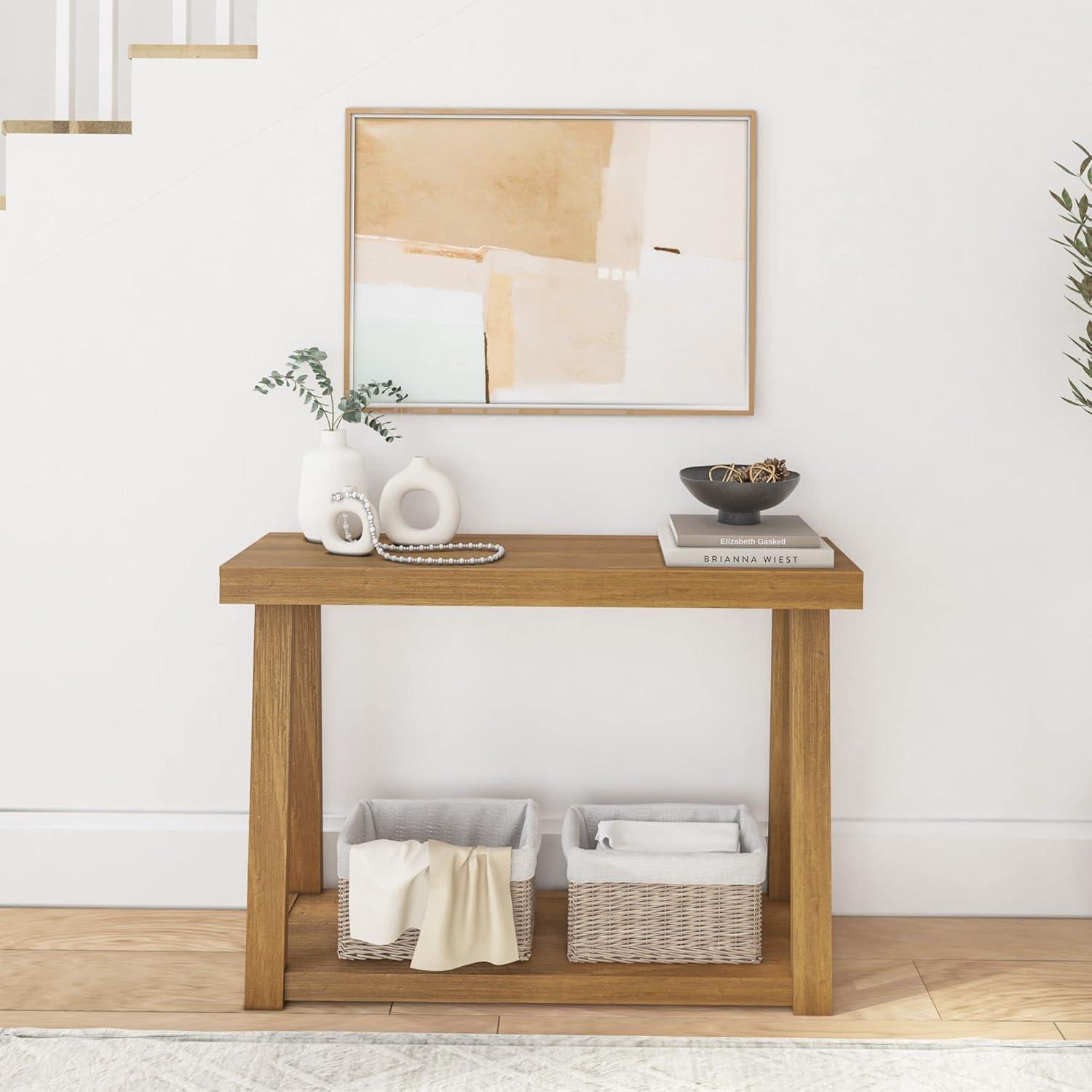 image:imagePlankBeam Solid Wood Console Table with Storage 46 Inch Sofa Table with Shelf Narrow Entryway Table for Hallway Behind The Couch Living Room Foyer Easy Assembly BlackPecan
