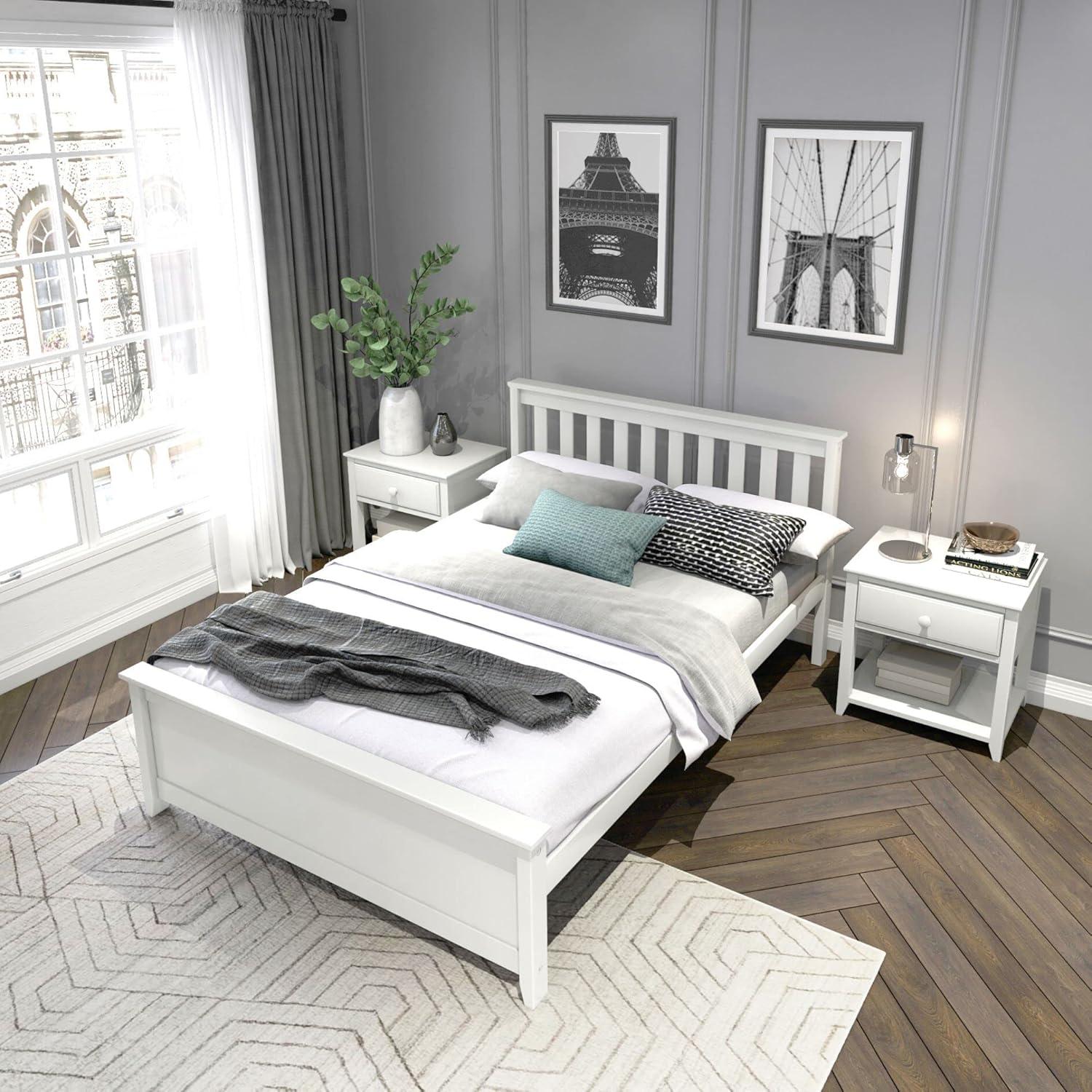image:imagePlankBeam Solid Wood Full Bed Frame Platform Bed with Headboard WalnutWhite