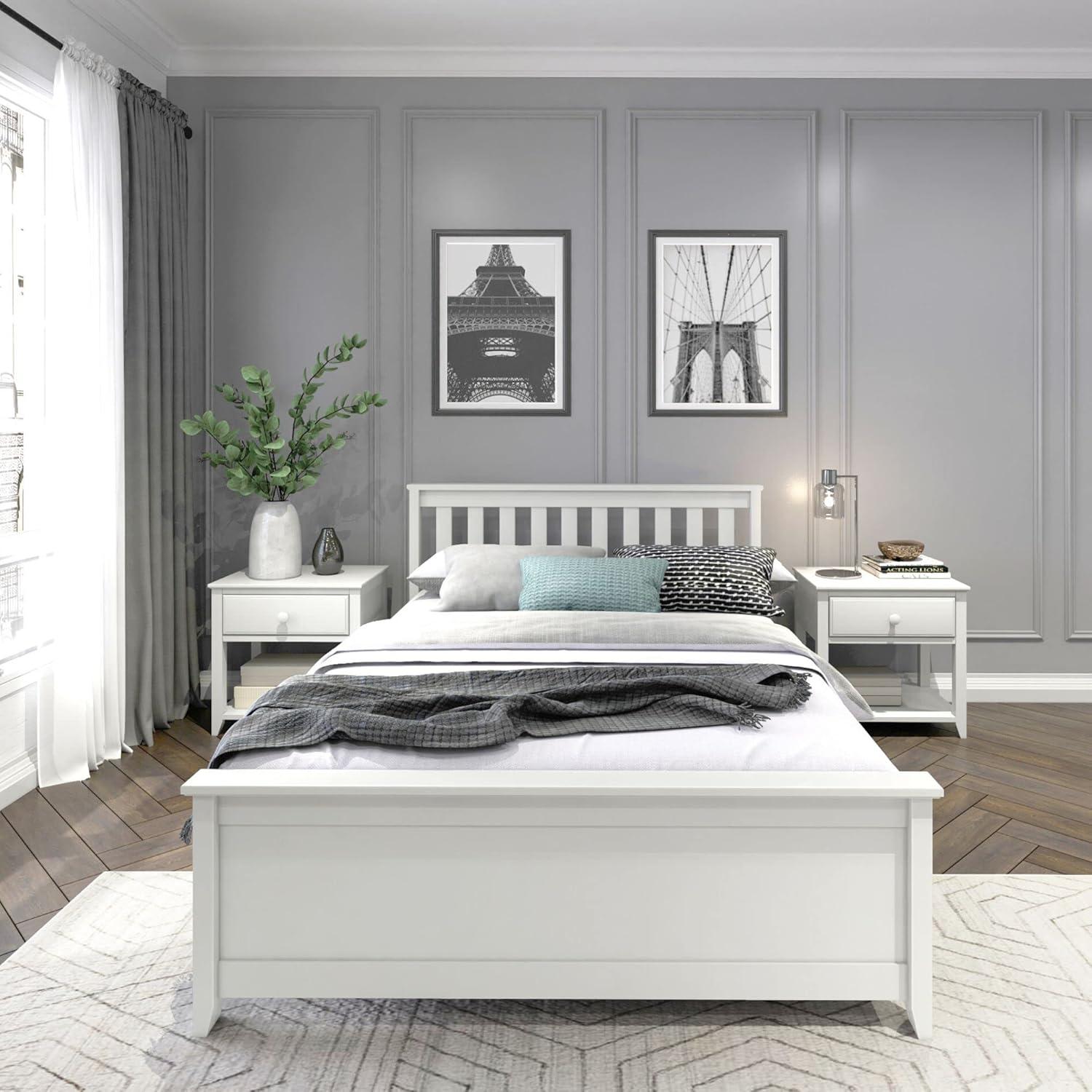 image:imagePlankBeam Solid Wood Full Bed Frame Platform Bed with Headboard WalnutWhite