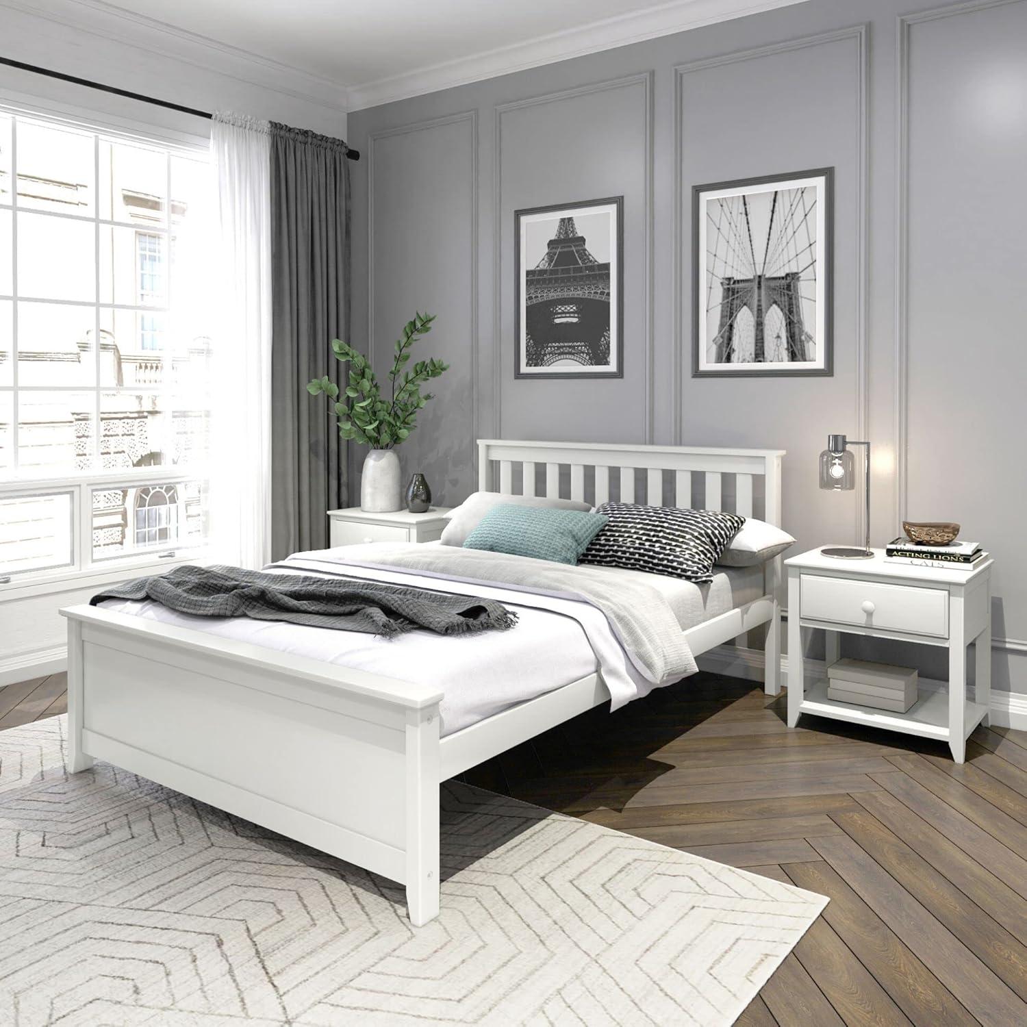 image:imagePlankBeam Solid Wood Full Bed Frame Platform Bed with Headboard WalnutWhite