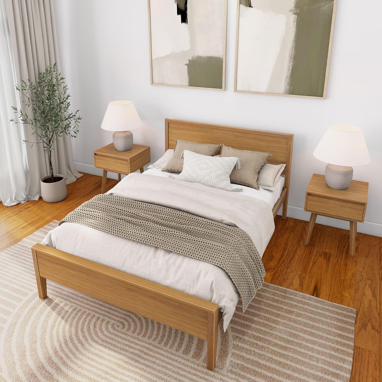 image:imagePlankBeam Solid Wood Full Bed Frame with Panel Headboard Modern Full Platform Bed with Wood Slat Support No Box Spring Needed Pecan