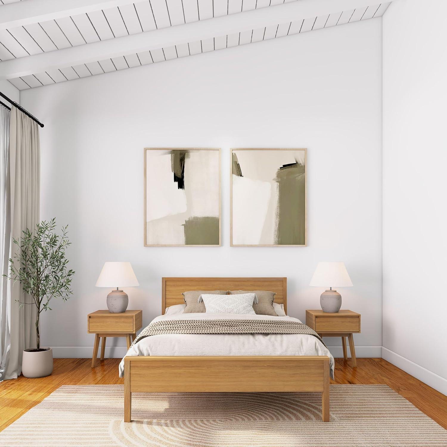 image:imagePlankBeam Solid Wood Full Bed Frame with Panel Headboard Modern Full Platform Bed with Wood Slat Support No Box Spring Needed Pecan