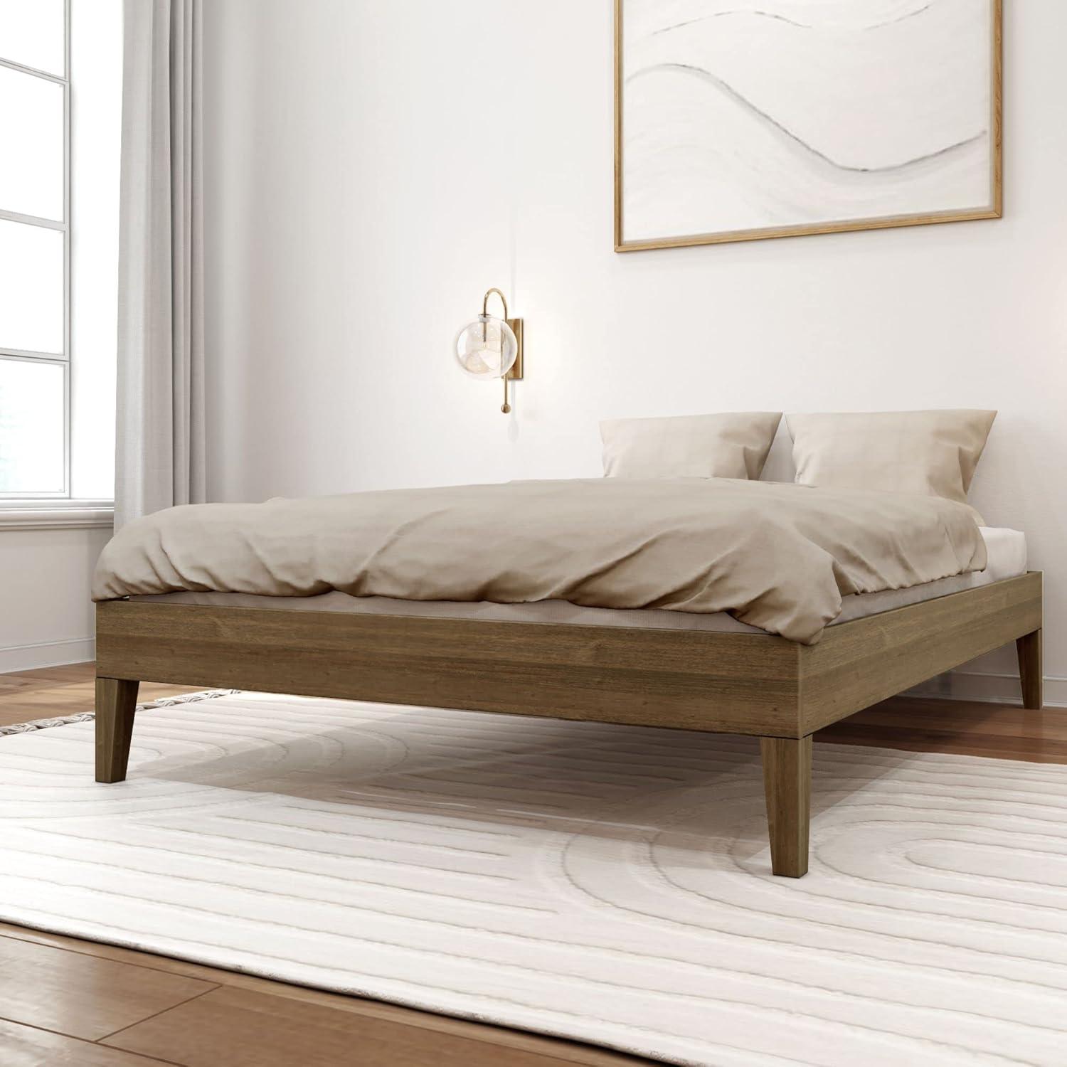 image:imagePlankBeam Solid Wood Platform Bed Frame Strong Wood Slat Support No Box Spring Needed Easy Assembly Driftwood FullMatte Walnut