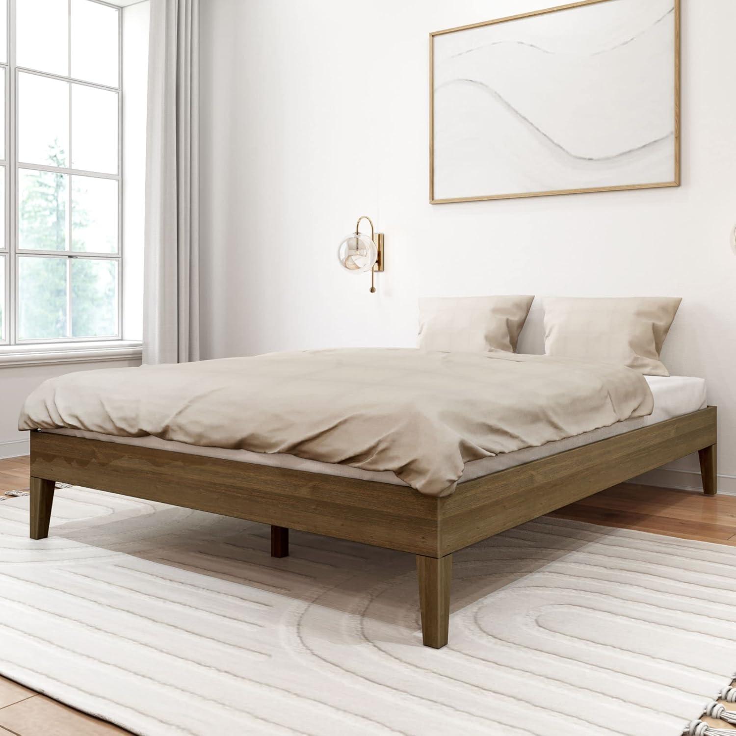 image:imagePlankBeam Solid Wood Platform Bed Frame Strong Wood Slat Support No Box Spring Needed Easy Assembly Driftwood FullMatte Walnut