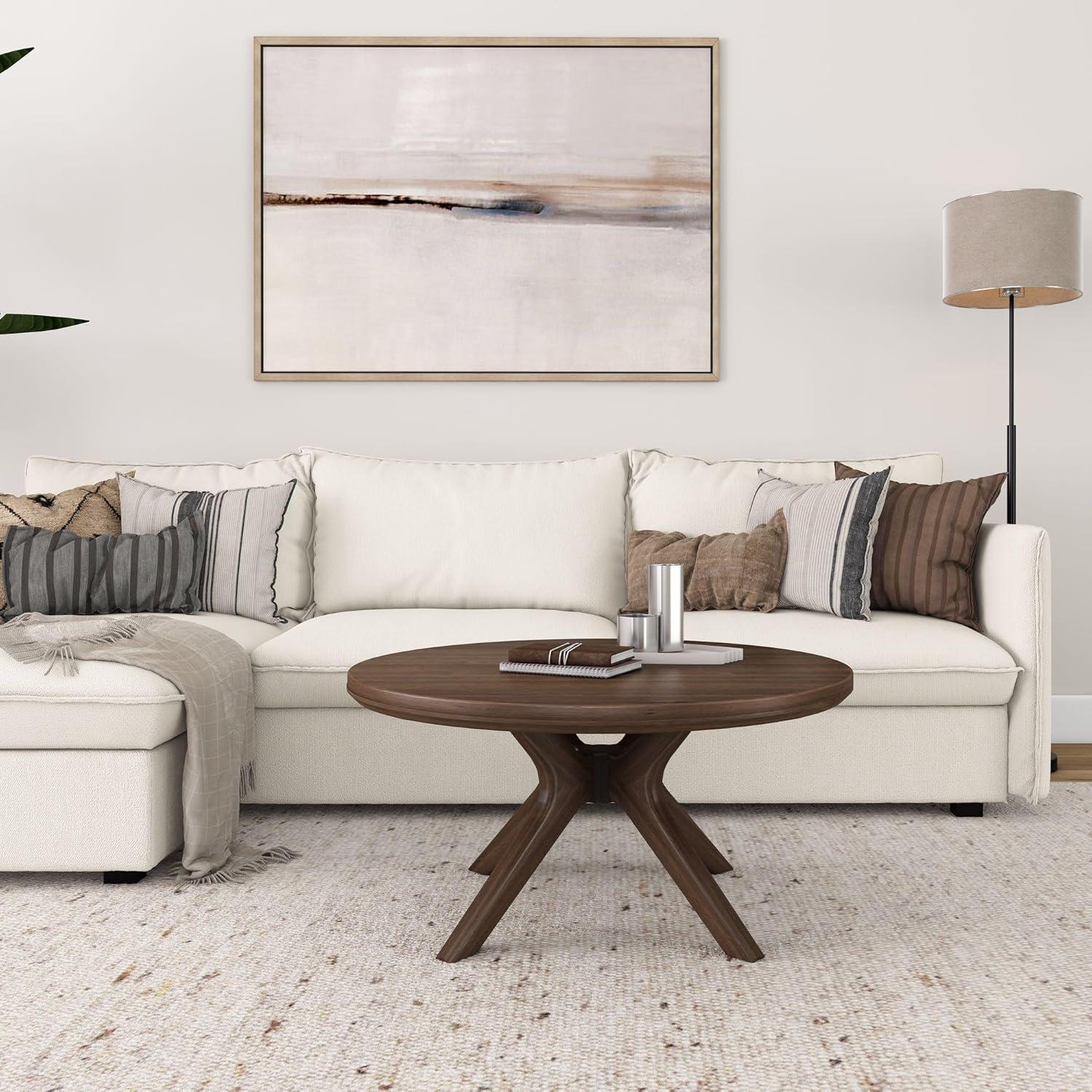 image:imagePlankBeam Verso Round Coffee Table 36 Inch Cross Leg Coffee Table Modern Mini Center Tables for Small Spaces Small Living Space Tea Table PecanWalnut