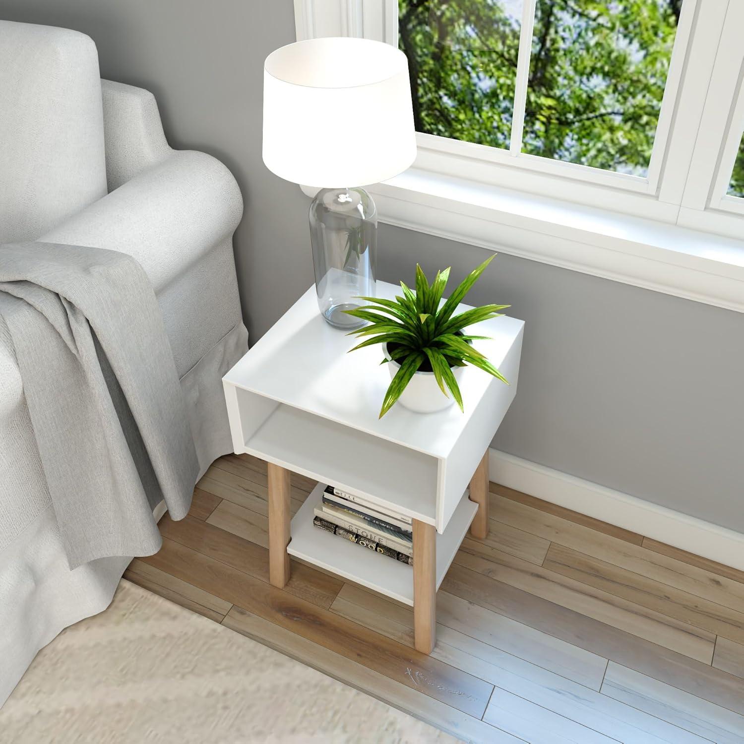 image:imagePlankBeam Wooden Side Table with Cubby Storage Shelf Mid Century Modern End Tables for Living Room Small Solid Wood Nightstand Bedside Tables Bedroom Furniture WhiteBlonde