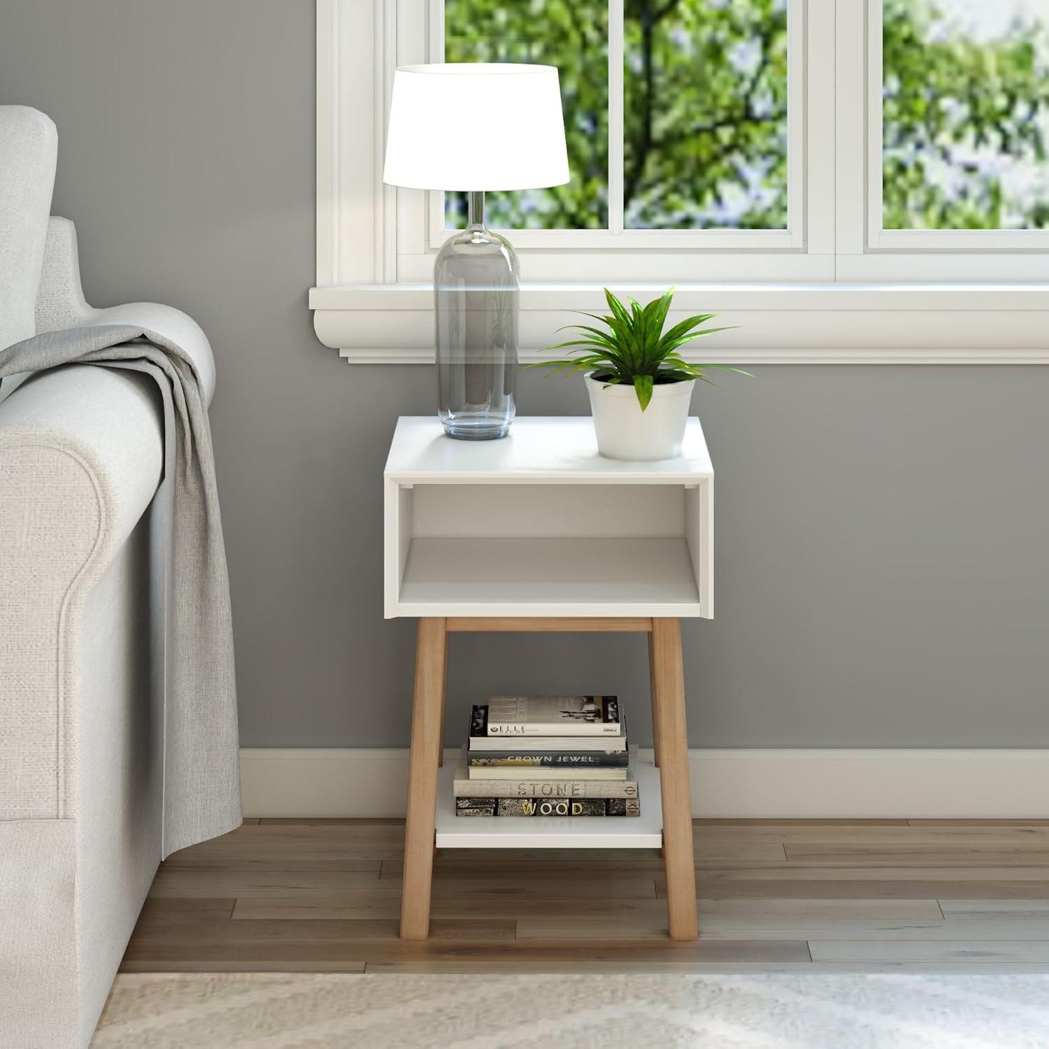 image:imagePlankBeam Wooden Side Table with Cubby Storage Shelf Mid Century Modern End Tables for Living Room Small Solid Wood Nightstand Bedside Tables Bedroom Furniture WhiteBlonde