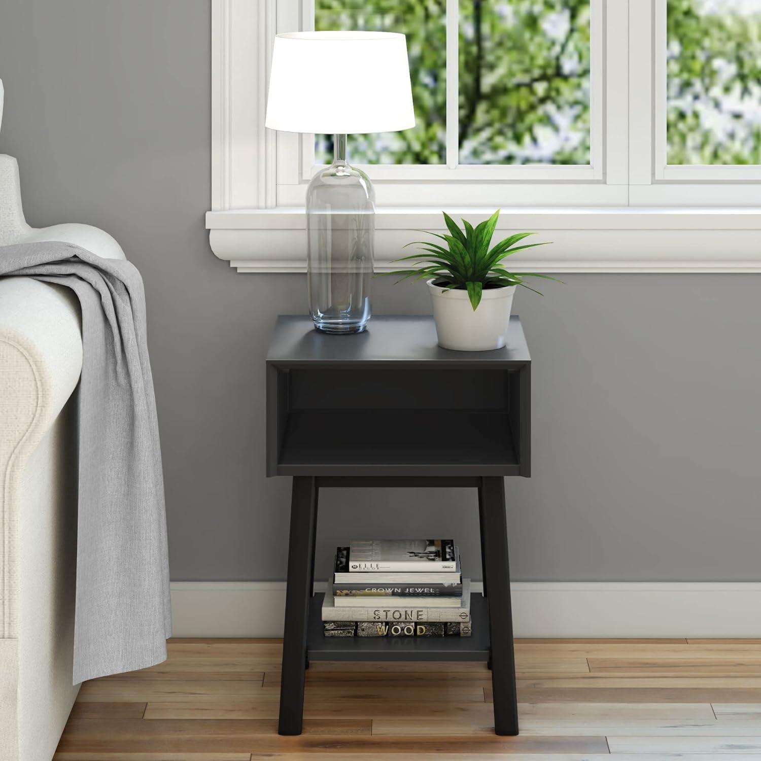 image:imagePlankBeam Wooden Side Table with Storage Mid Century Modern End Tables for Living Room Small Solid Wood Nightstand Bedside Tables Bedroom Furniture WhiteBlack