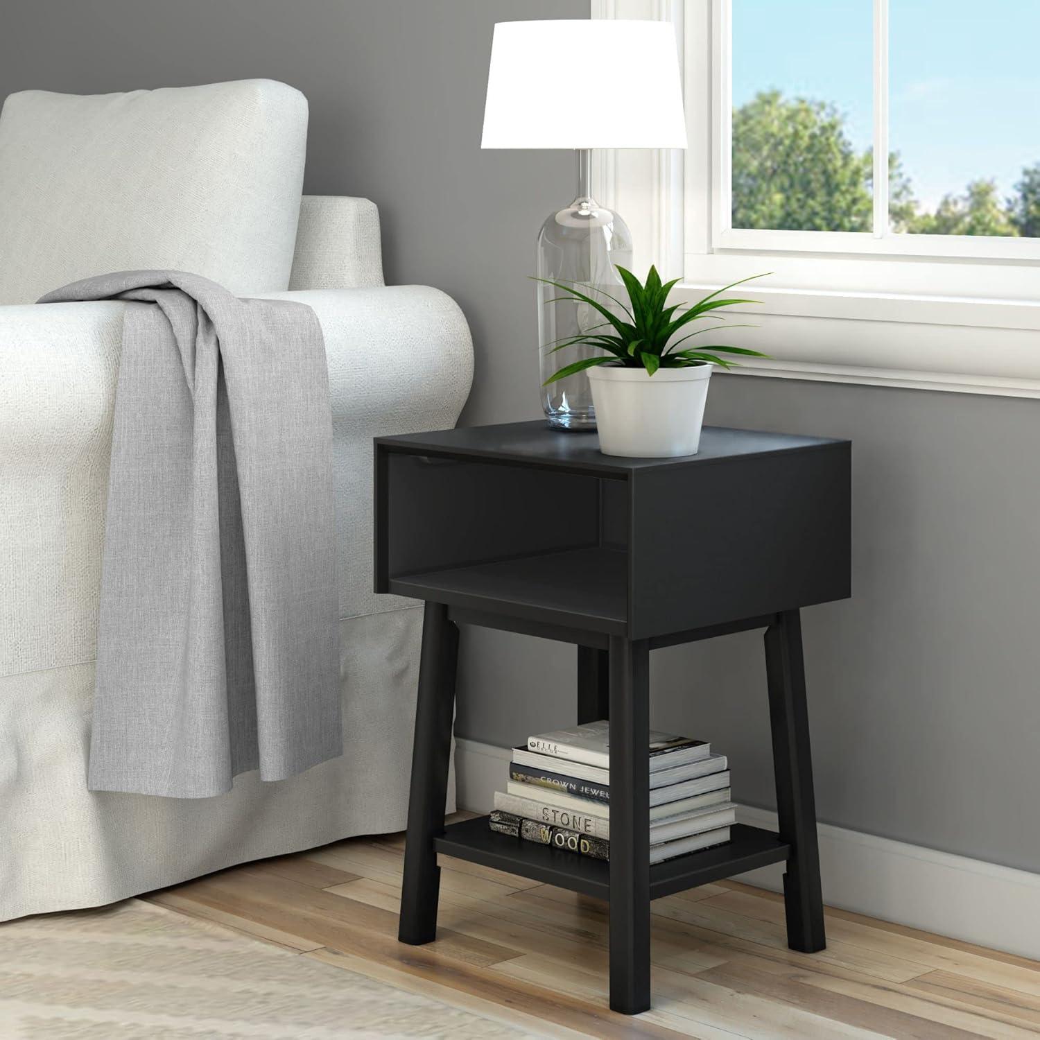 image:imagePlankBeam Wooden Side Table with Storage Mid Century Modern End Tables for Living Room Small Solid Wood Nightstand Bedside Tables Bedroom Furniture WhiteBlack