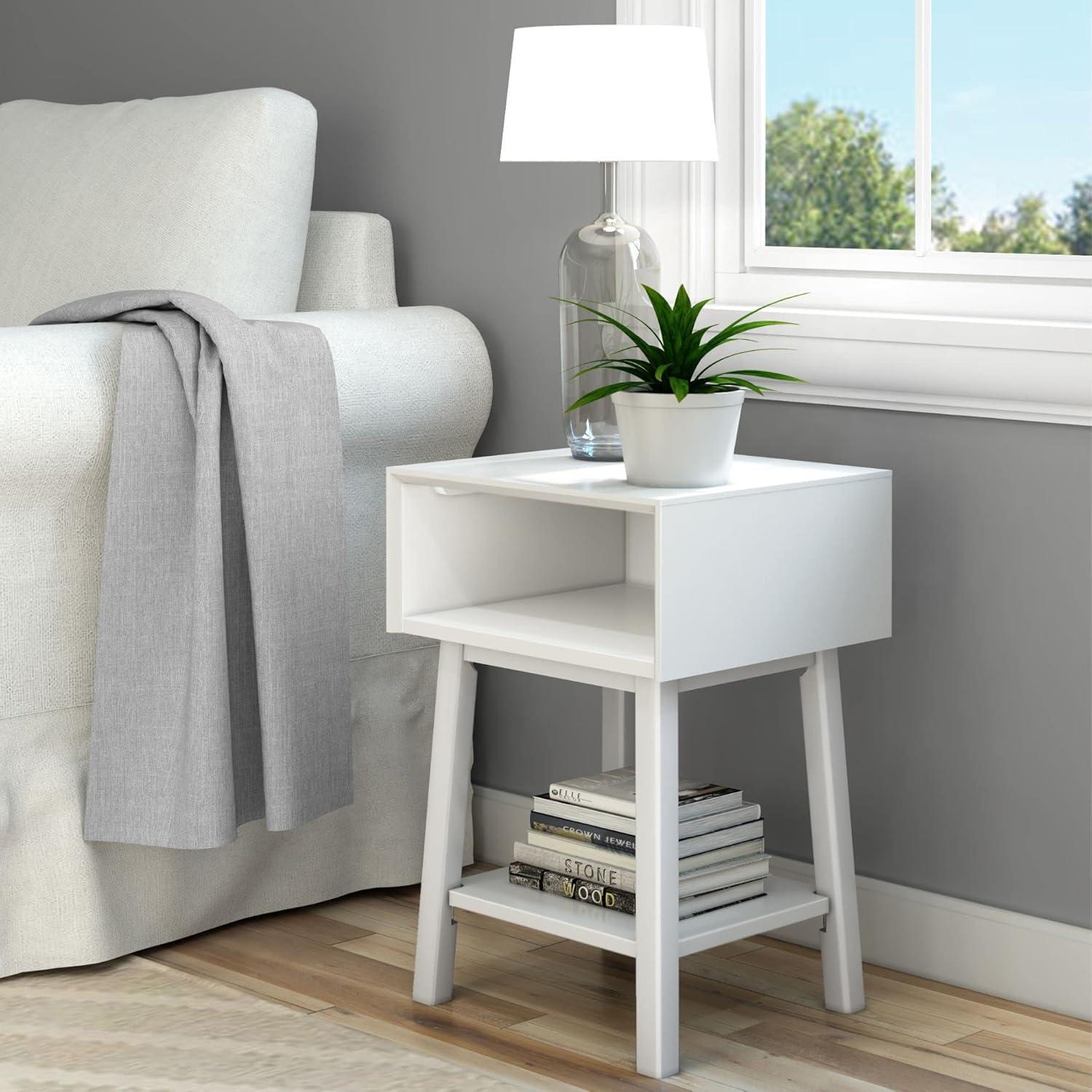 image:imagePlankBeam Wooden Side Table with Storage Mid Century Modern End Tables for Living Room Small Solid Wood Nightstand Bedside Tables Bedroom Furniture WhiteWhite