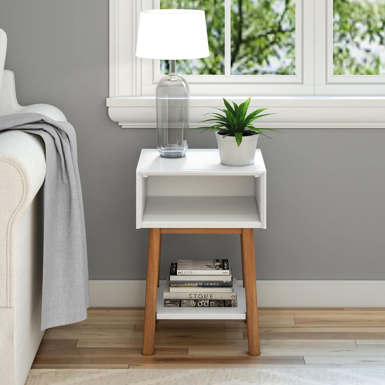 image:imagePlankBeam Wooden Side Table with Storage Mid Century Modern End Tables for Living Room Small Solid Wood Nightstand Bedside Tables Bedroom Furniture WhiteWhitePecan
