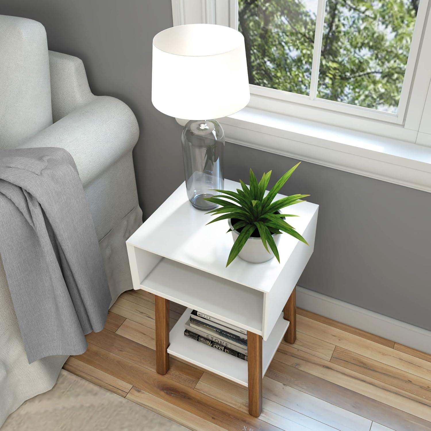 image:imagePlankBeam Wooden Side Table with Storage Mid Century Modern End Tables for Living Room Small Solid Wood Nightstand Bedside Tables Bedroom Furniture WhiteWhitePecan