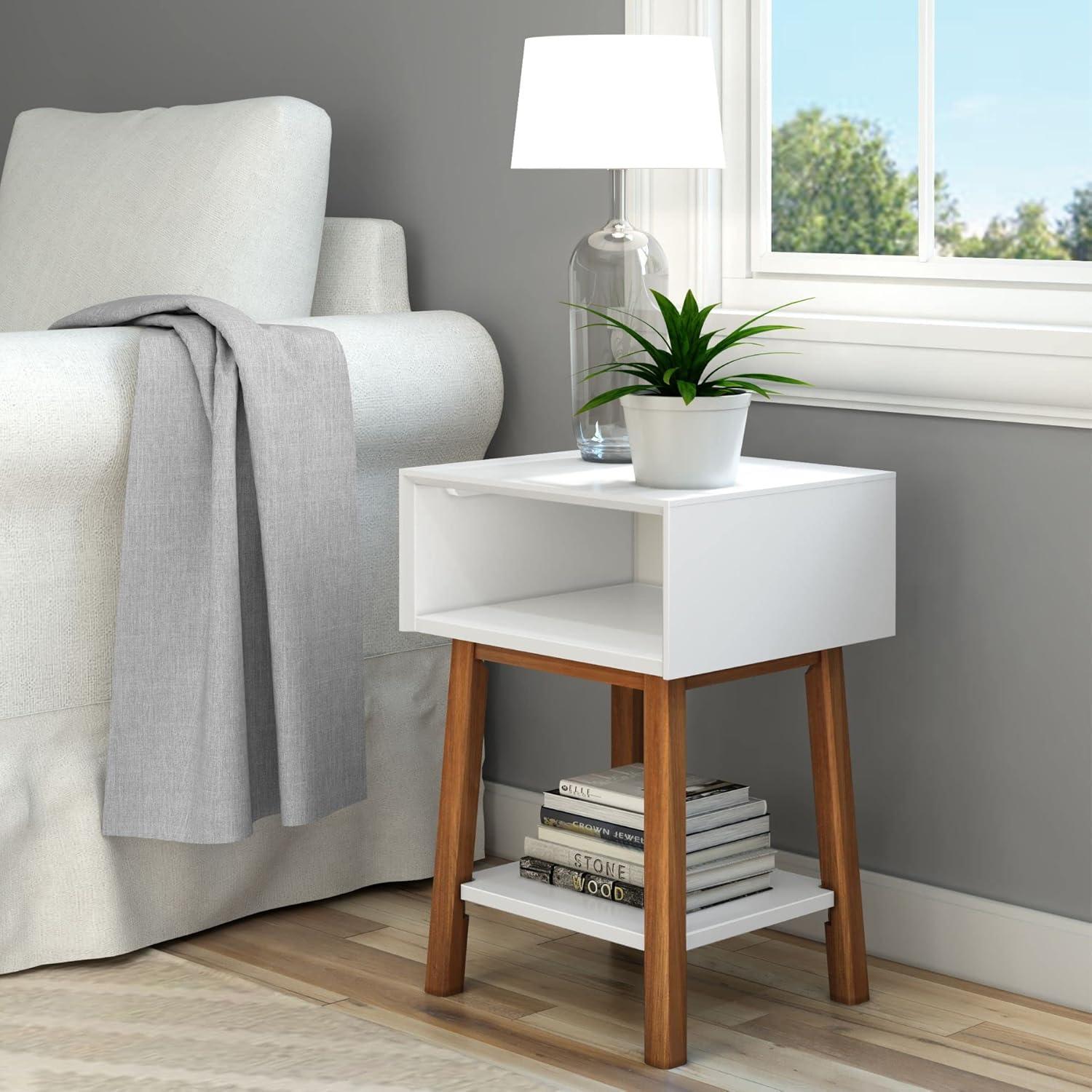 image:imagePlankBeam Wooden Side Table with Storage Mid Century Modern End Tables for Living Room Small Solid Wood Nightstand Bedside Tables Bedroom Furniture WhiteWhitePecan